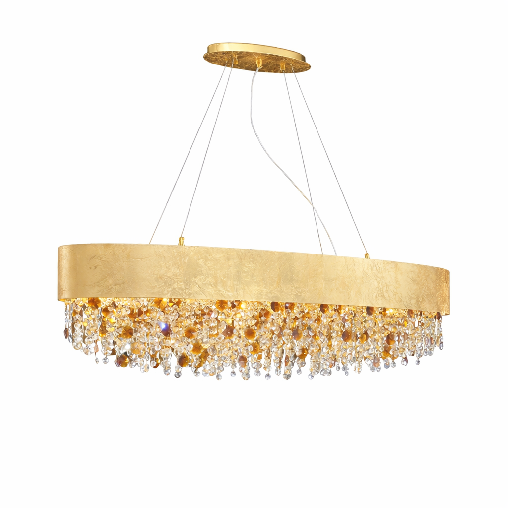 VORELLI® Owensboro rectangular chandelier featuring decorative textured frame and cascading diamond cut octagon crystal chains on white background