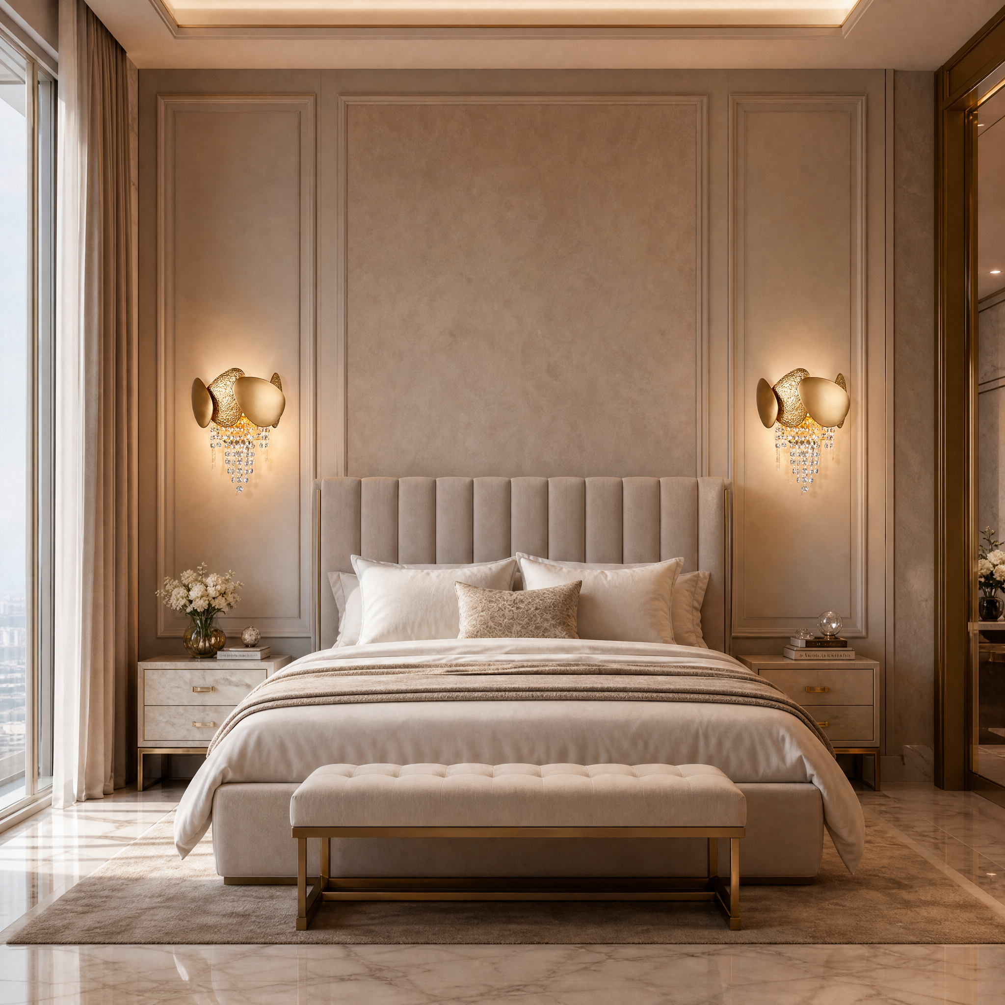 VORELLI Palatino Wall Light installed in a luxury residential living room, casting a warm glow on the unique pebble design stainless steel frame.