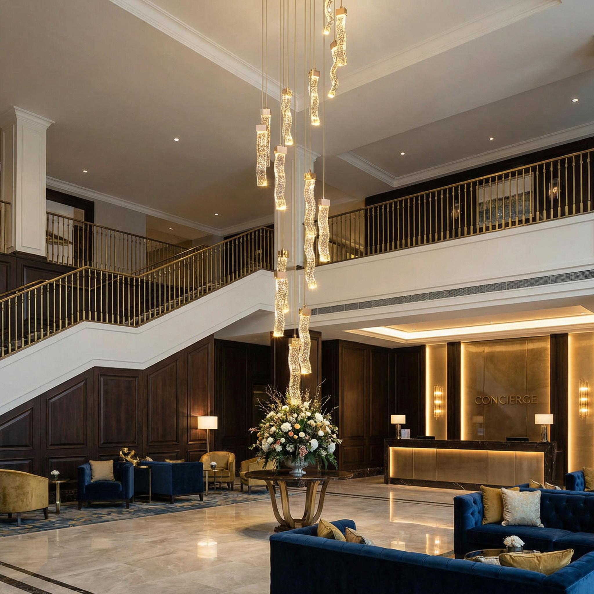 VORELLI® Palazzo pendant staircase chandelier with cascading illuminated crystal pendants in a modern luxury stairwell interior