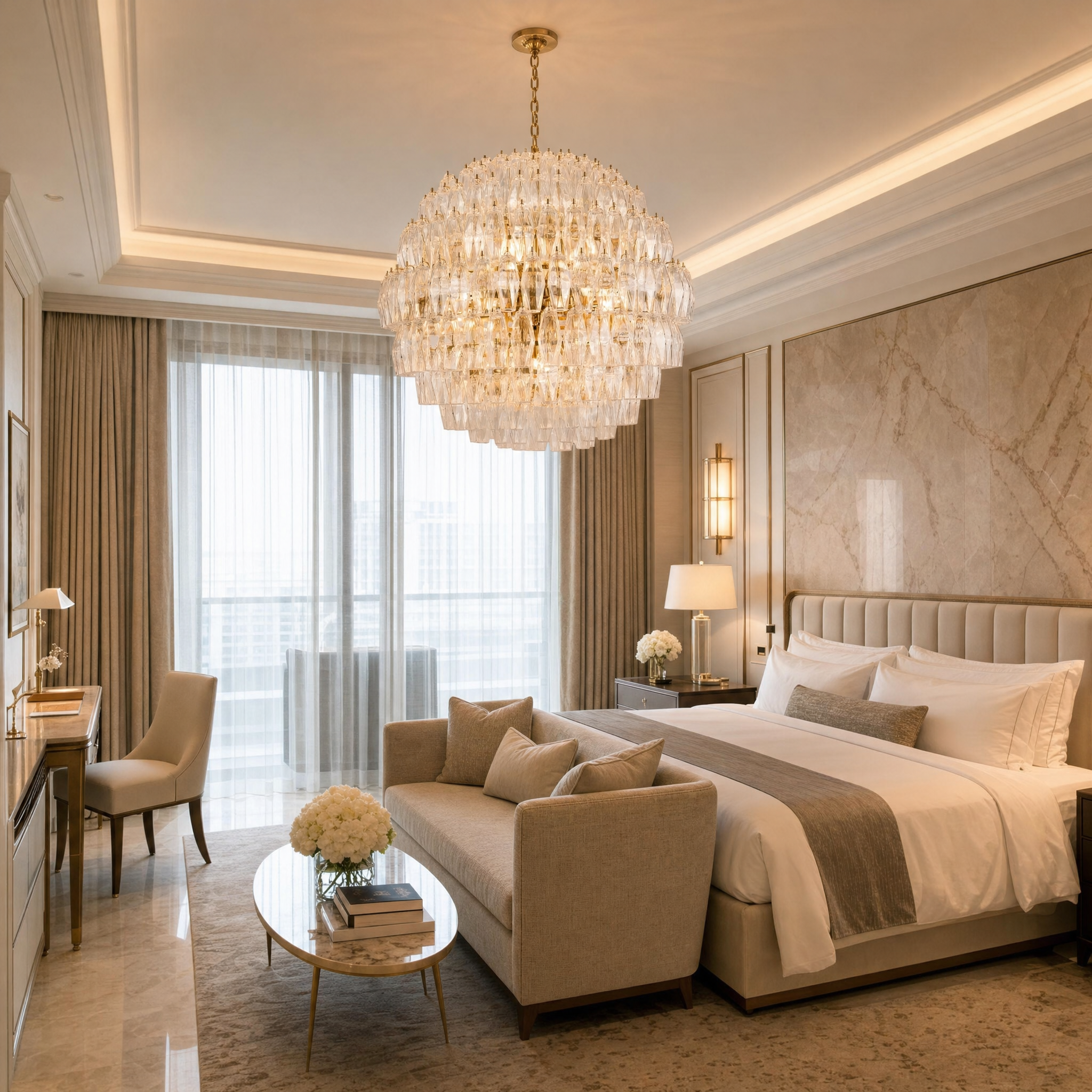 Grand Pallinaro clear glass chandelier lighting up a sophisticated boutique hotel reception and hospitality lounge.