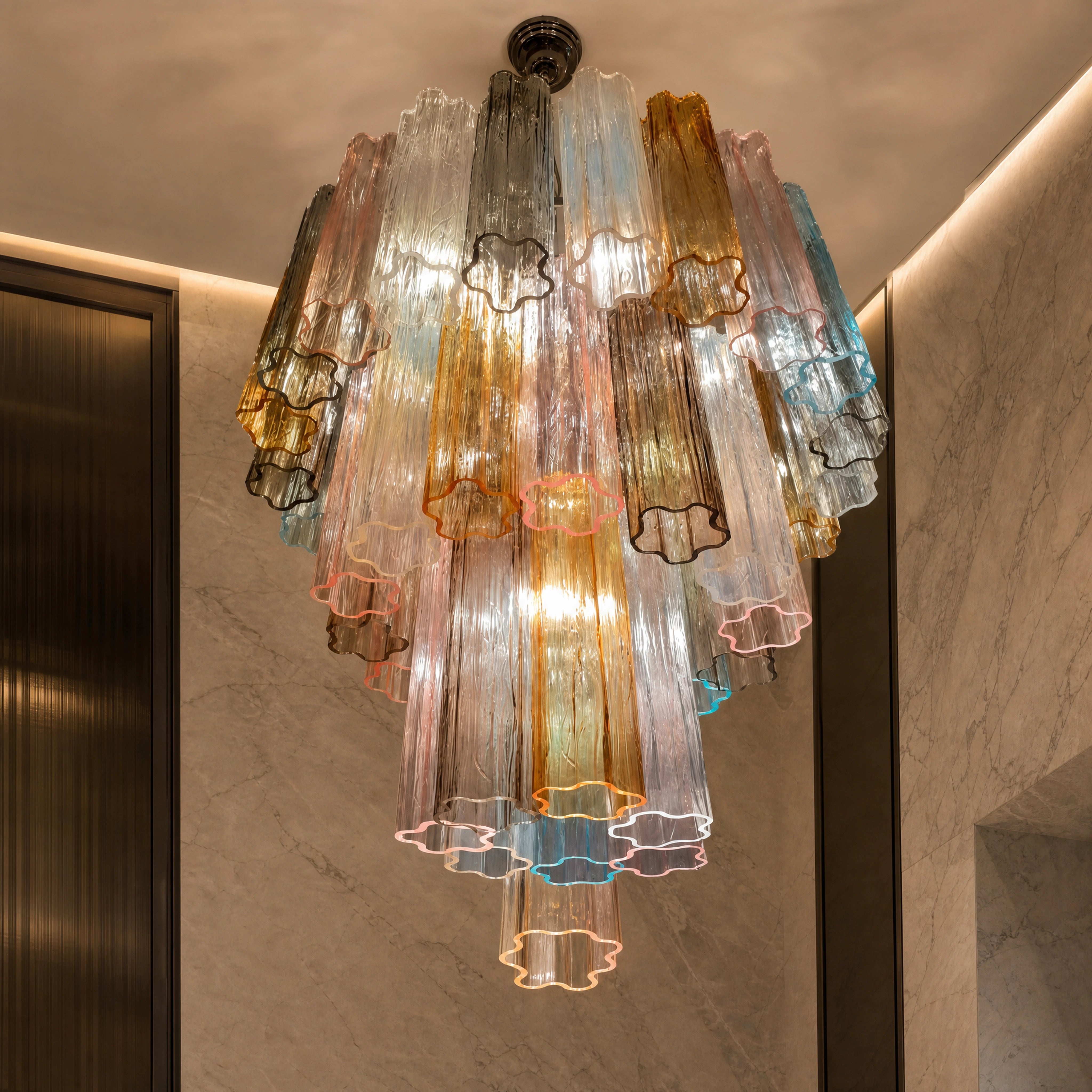 Paloma Tronchi Murano Glass Staircase Chandelier close-up luxury lifestyle hero image by VORELLI