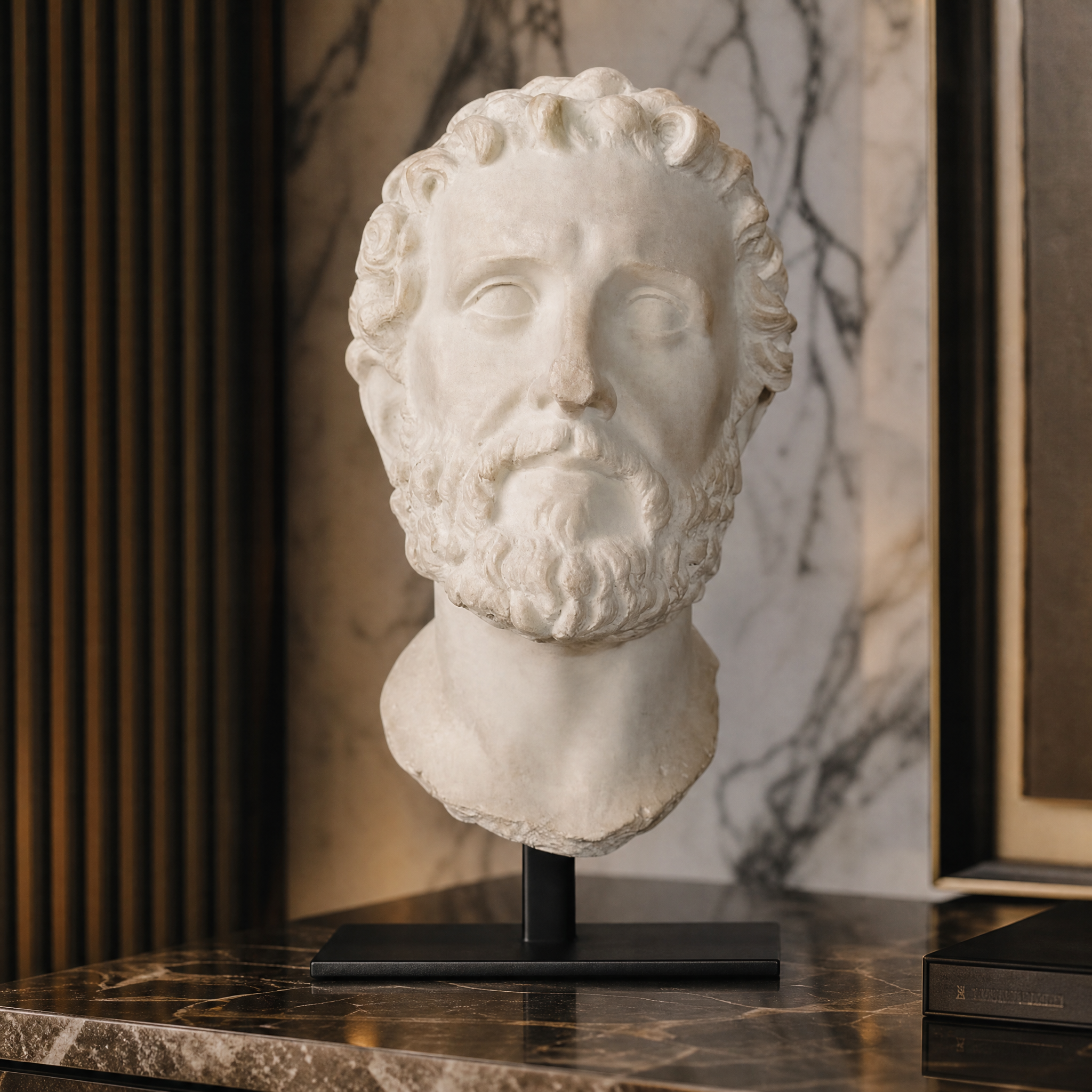 Macro close-up shot showing the aged plaster effect finish on the VORELLI Pancrazio polyresin bust sculpture.