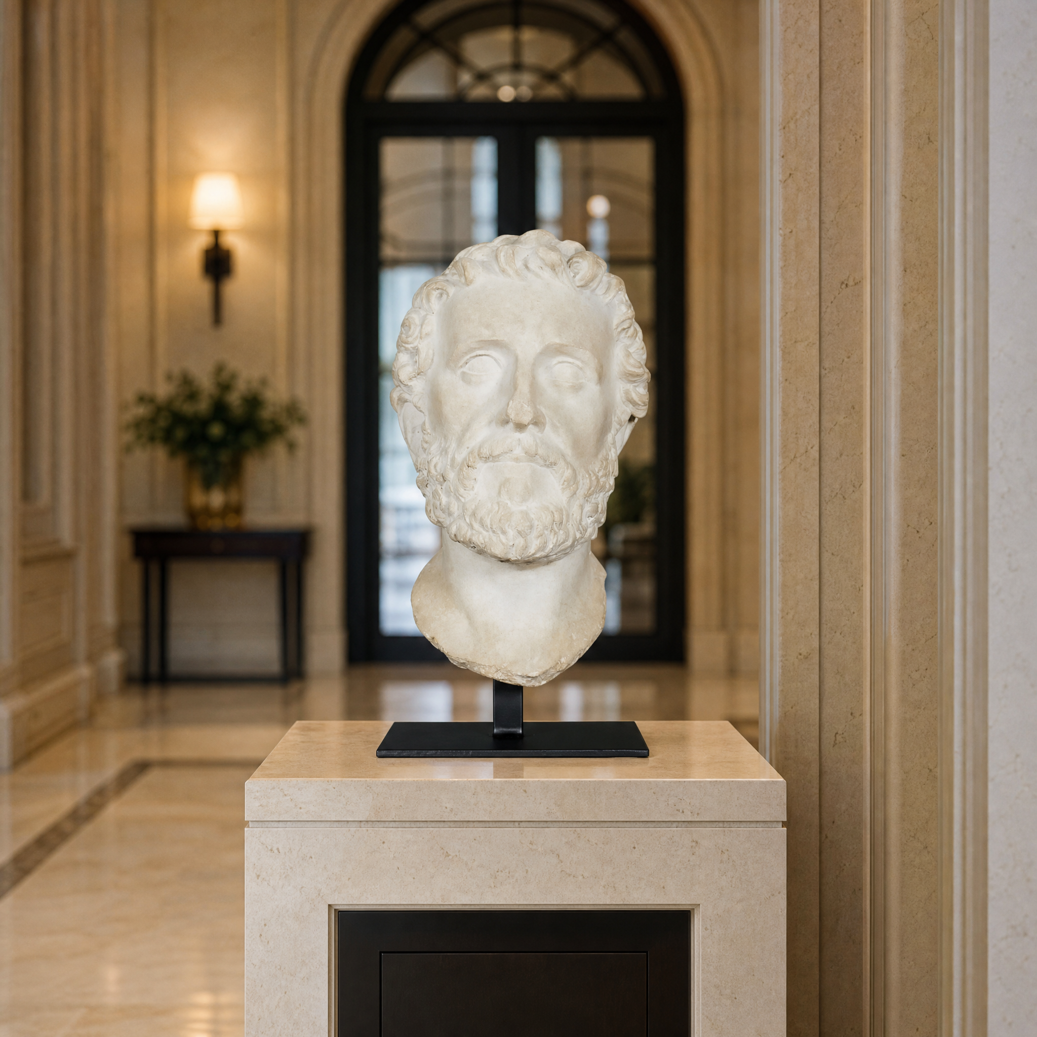 Luxury hospitality lobby featuring the VORELLI Pancrazio decorative bust on a grand reception console table.