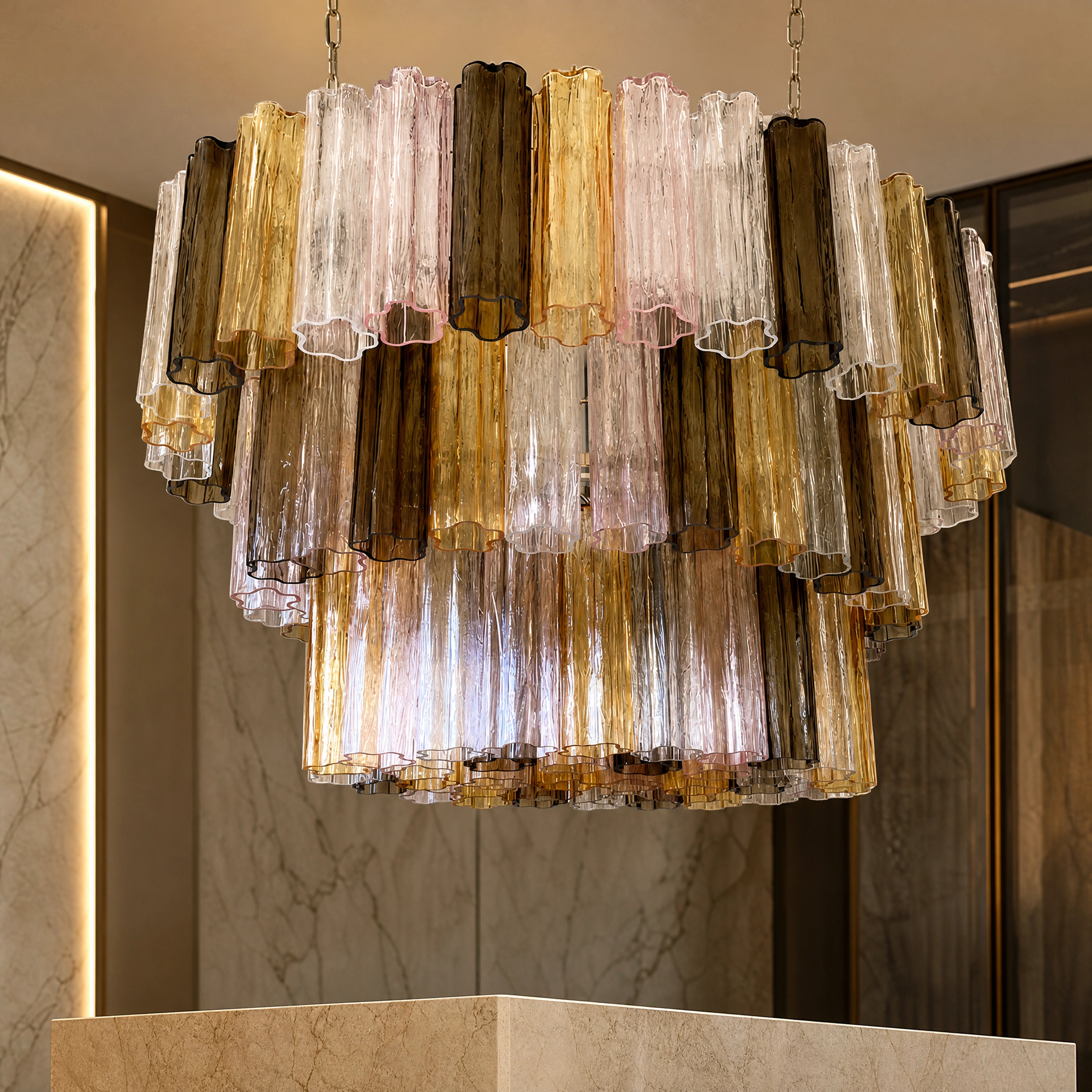 Paolina Tronchi Murano Glass Rectangular Chandelier close-up luxury lifestyle hero image by VORELLI