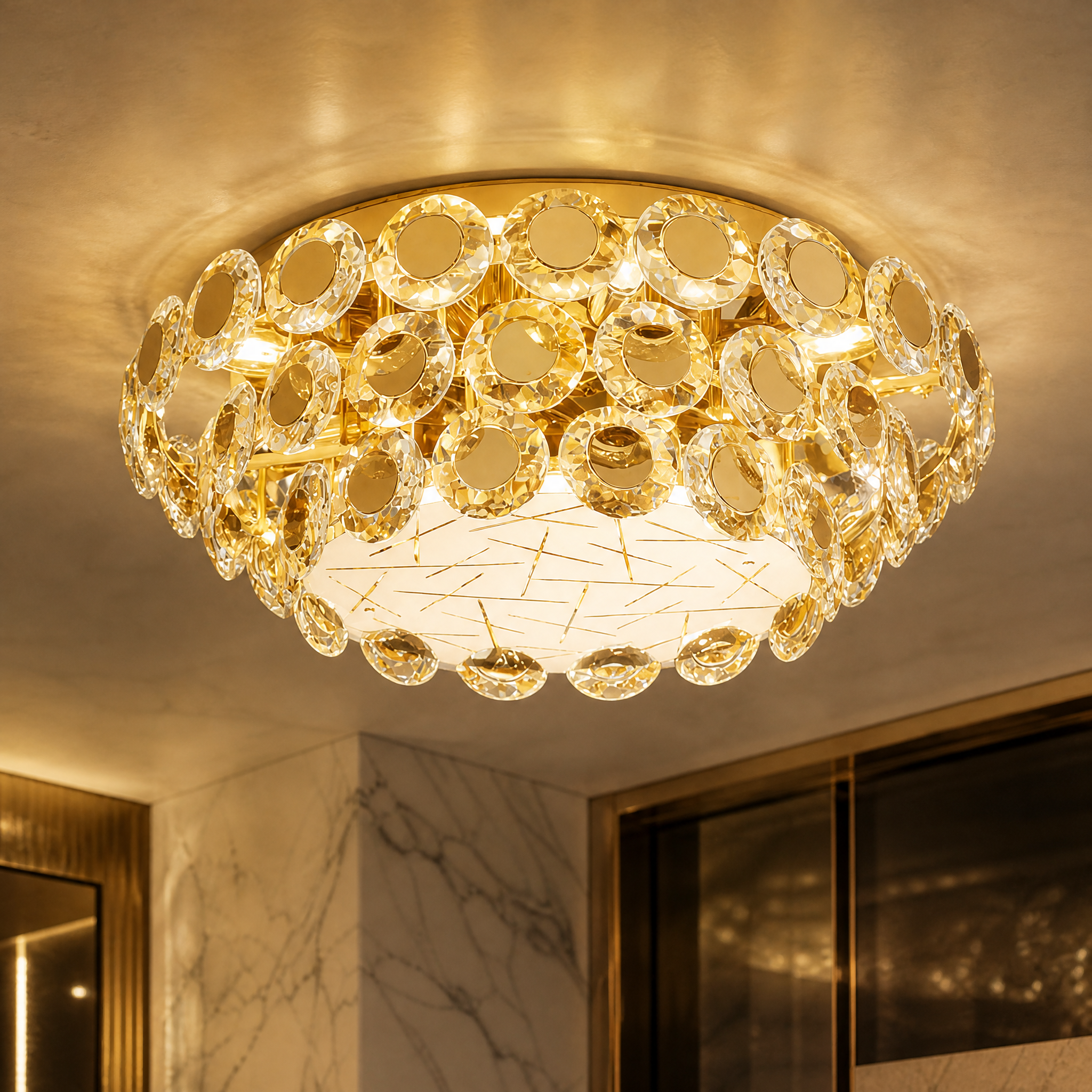 Macro shot of the VORELLI Patara ceiling light showcasing the intricate diamond-cut crystal discs interwoven with signature stainless steel circles.
