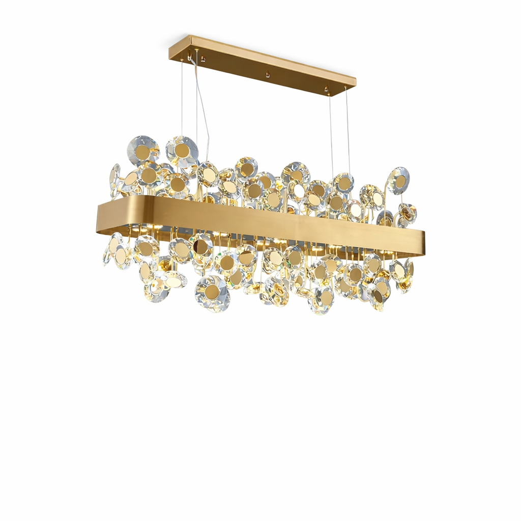 VORELLI Patara rectangular crystal chandelier creating a grand, opulent mood in a contemporary luxury interior setting.
