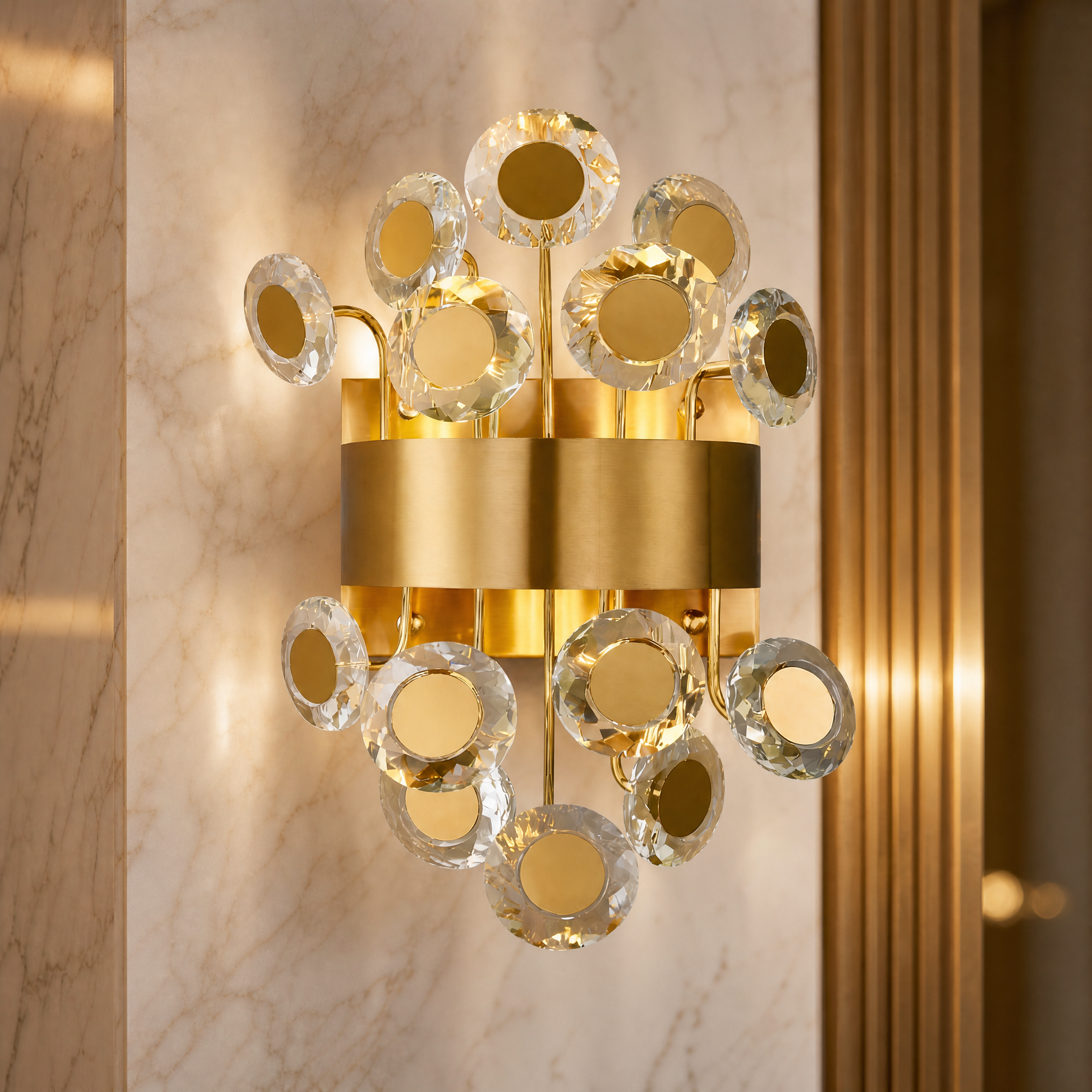 Close-up macro shot of the VORELLI Patara Wall Light, showcasing the intricate texture of diamond cut crystal discs set within a sleek stainless steel band frame.