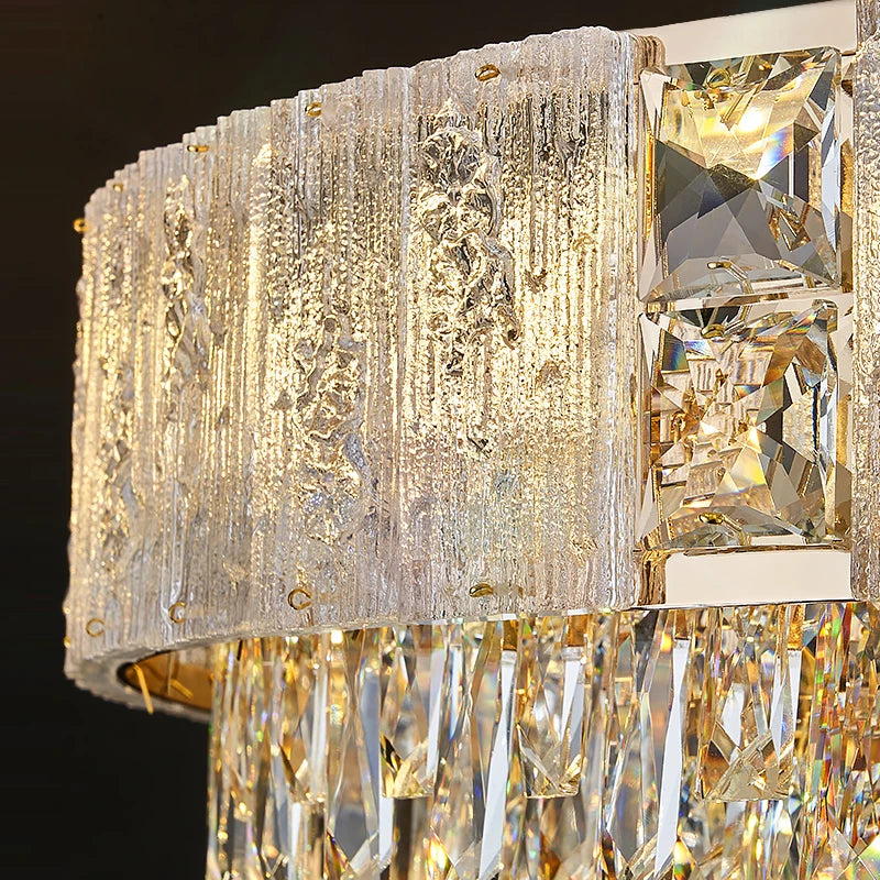 Close up of cracked crystal encircling the top frame of VORELLI® Patrizio rectangular chandelier