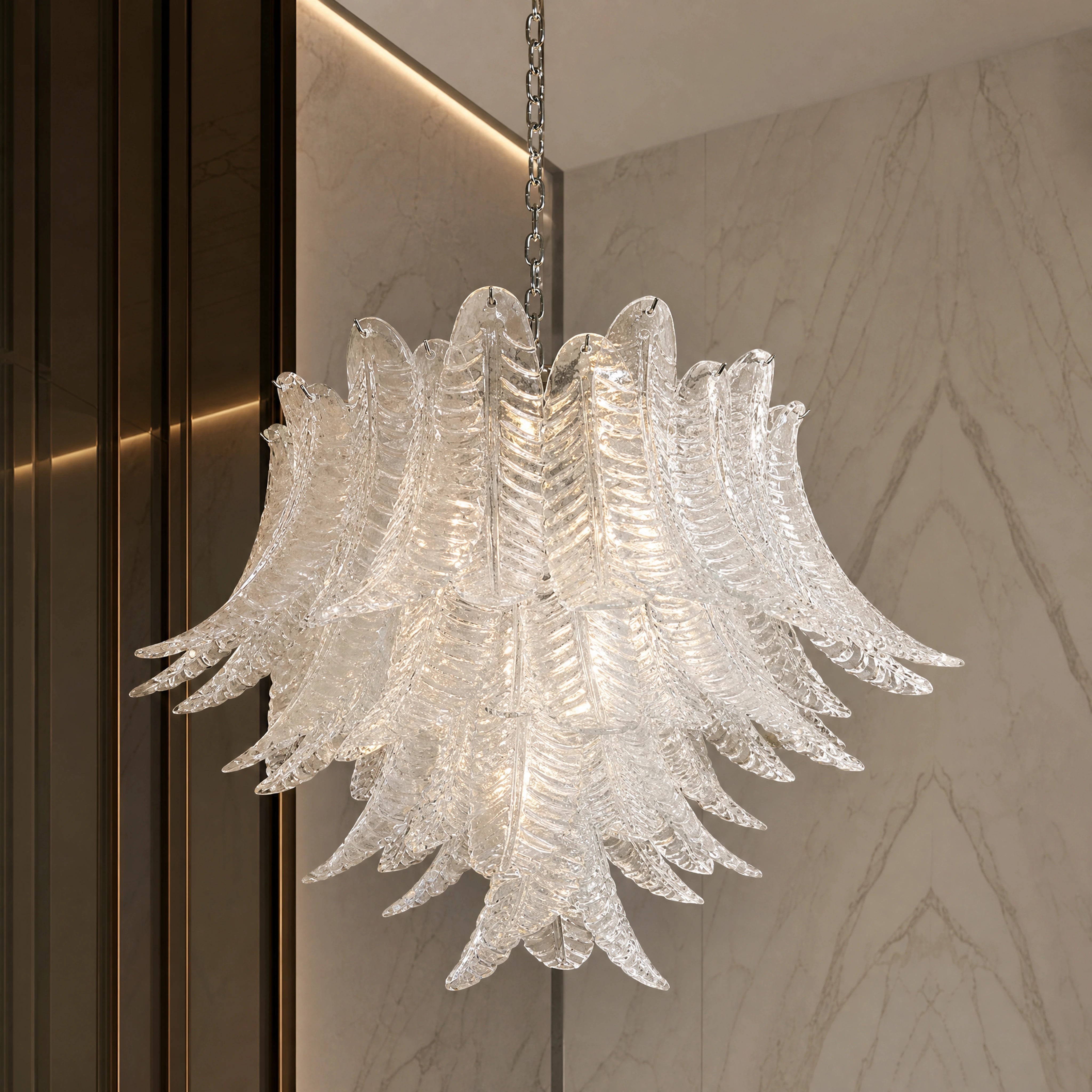 Pavia Felci Murano Glass Staircase Chandelier close-up luxury lifestyle hero image by VORELLI