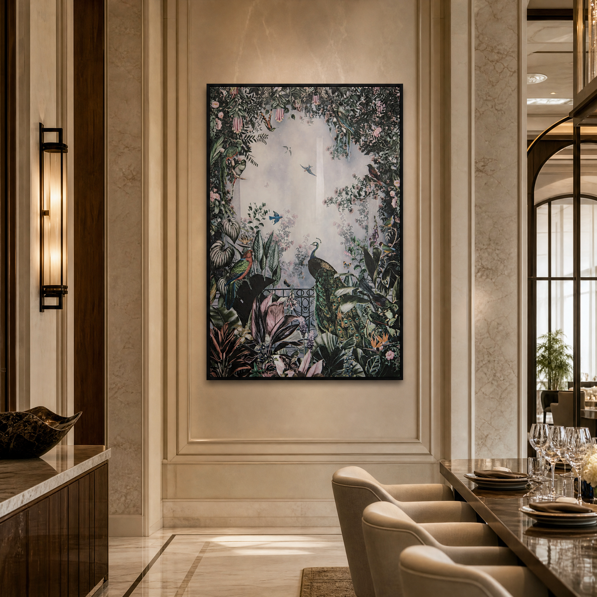 Peacora Glass Art Canvas II by VORELLI displayed in a high-end hospitality lounge creating an opulent atmosphere.