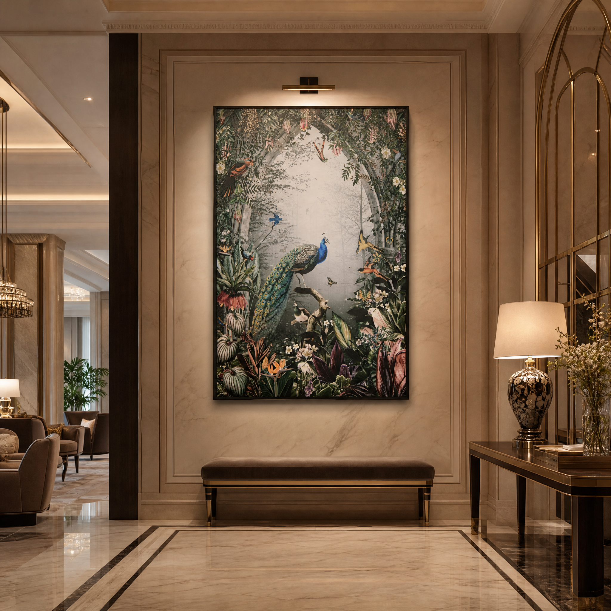 VORELLI Peacora Glass Art Canvas installed in a luxury boutique hotel lobby, adding a striking statement of nature and elegance to the sophisticated interior design.