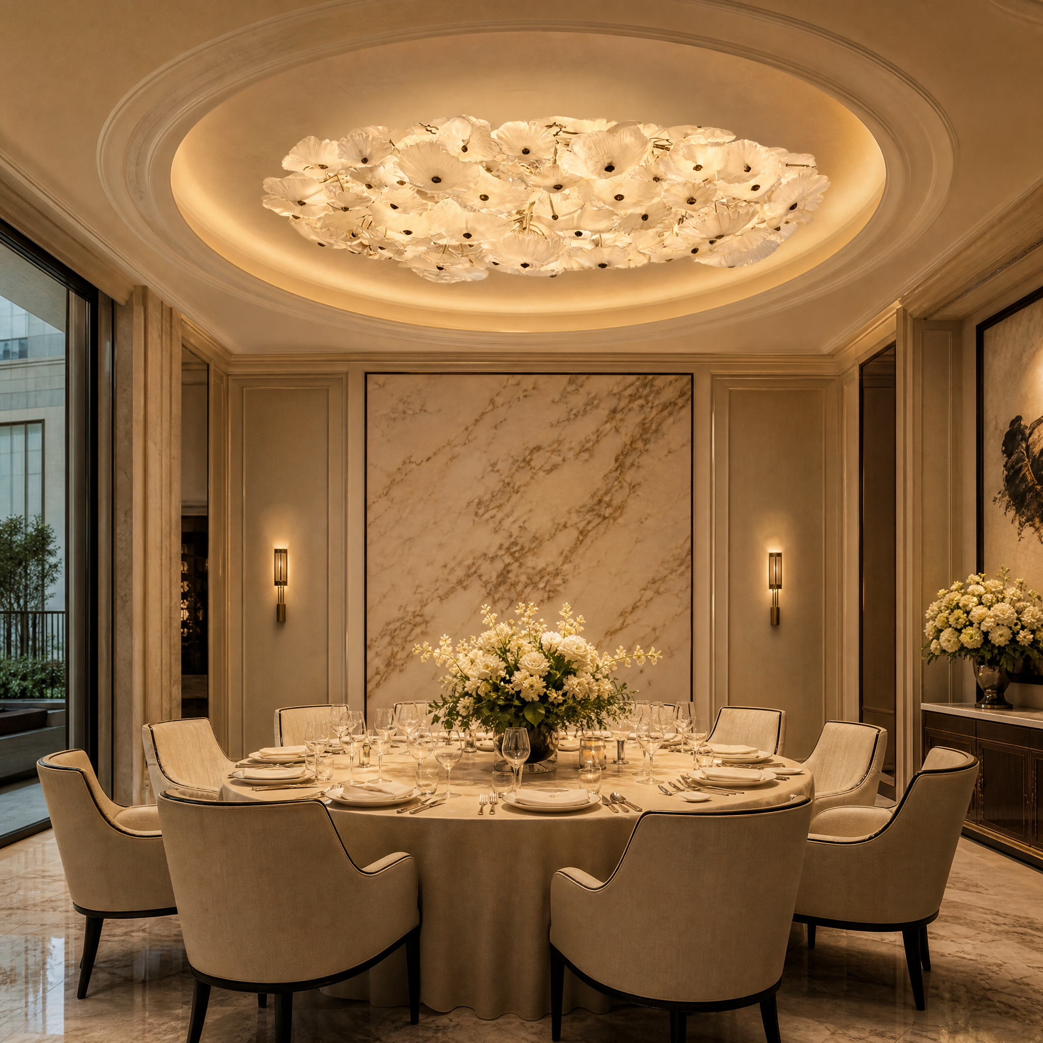 VORELLI Penny Leaf Ceiling Light creating an elegant, distinctive presence in a high-end hospitality lobby with its organic cluster design.