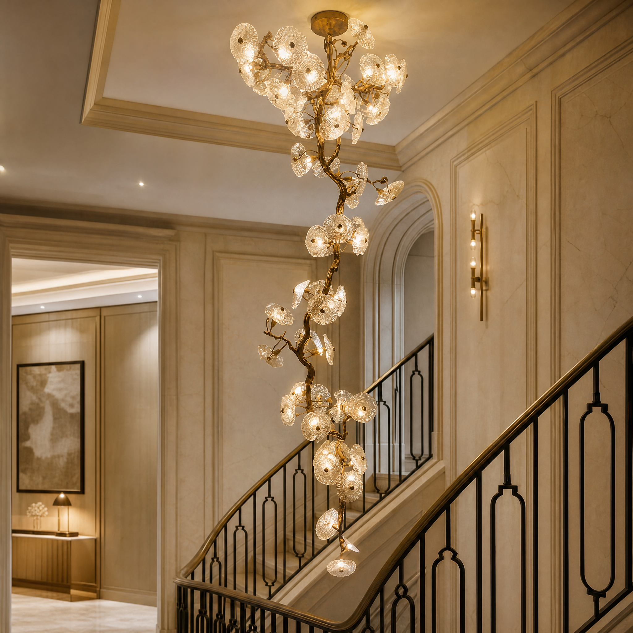 Grand VORELLI Penny Leaf Linear Staircase Chandelier in a luxury hotel lobby, its organic glass leaves creating a dramatic and elegant focal point.