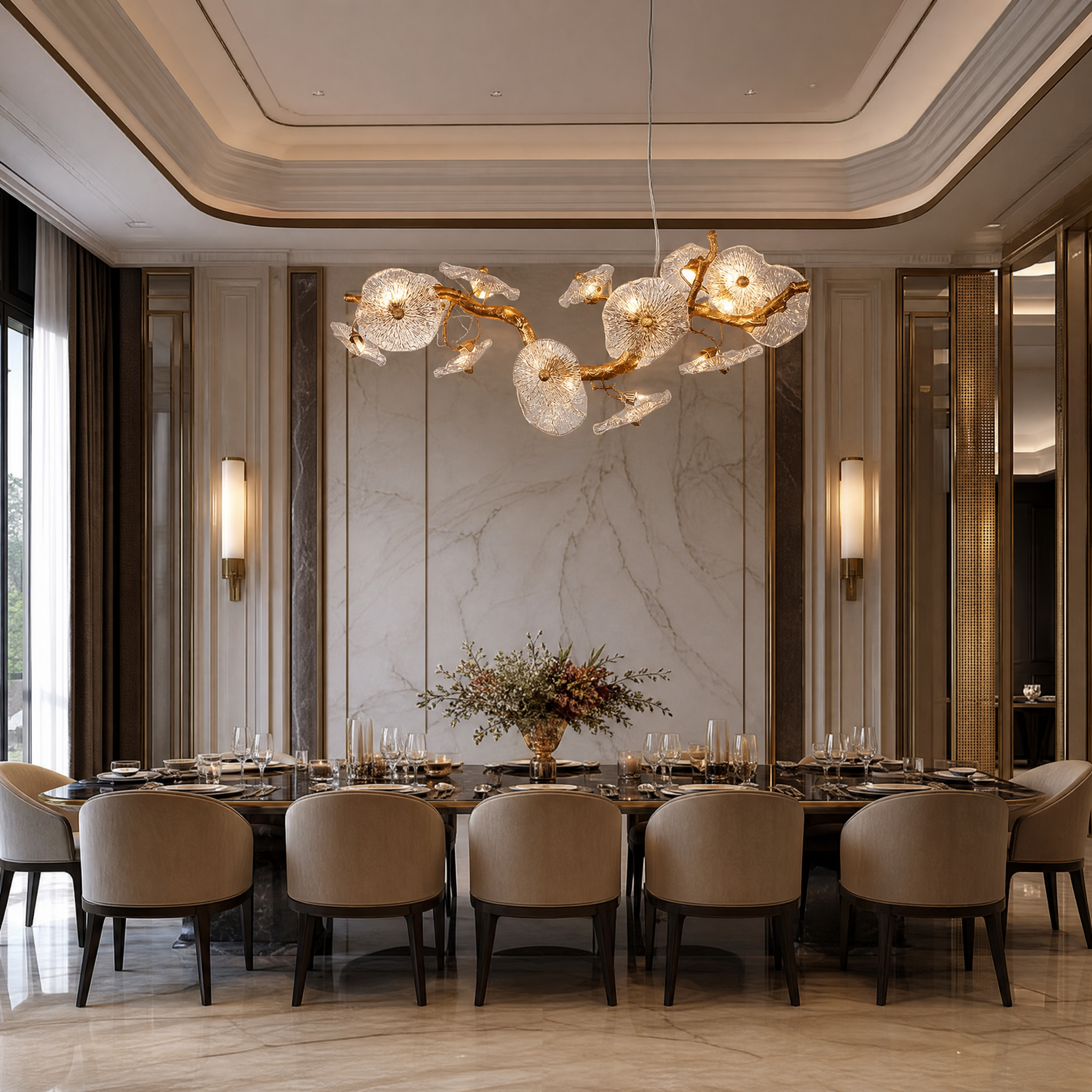 VORELLI Penny Leaf Rectangular Chandelier creating a statement in a high-end hotel lobby or bar area