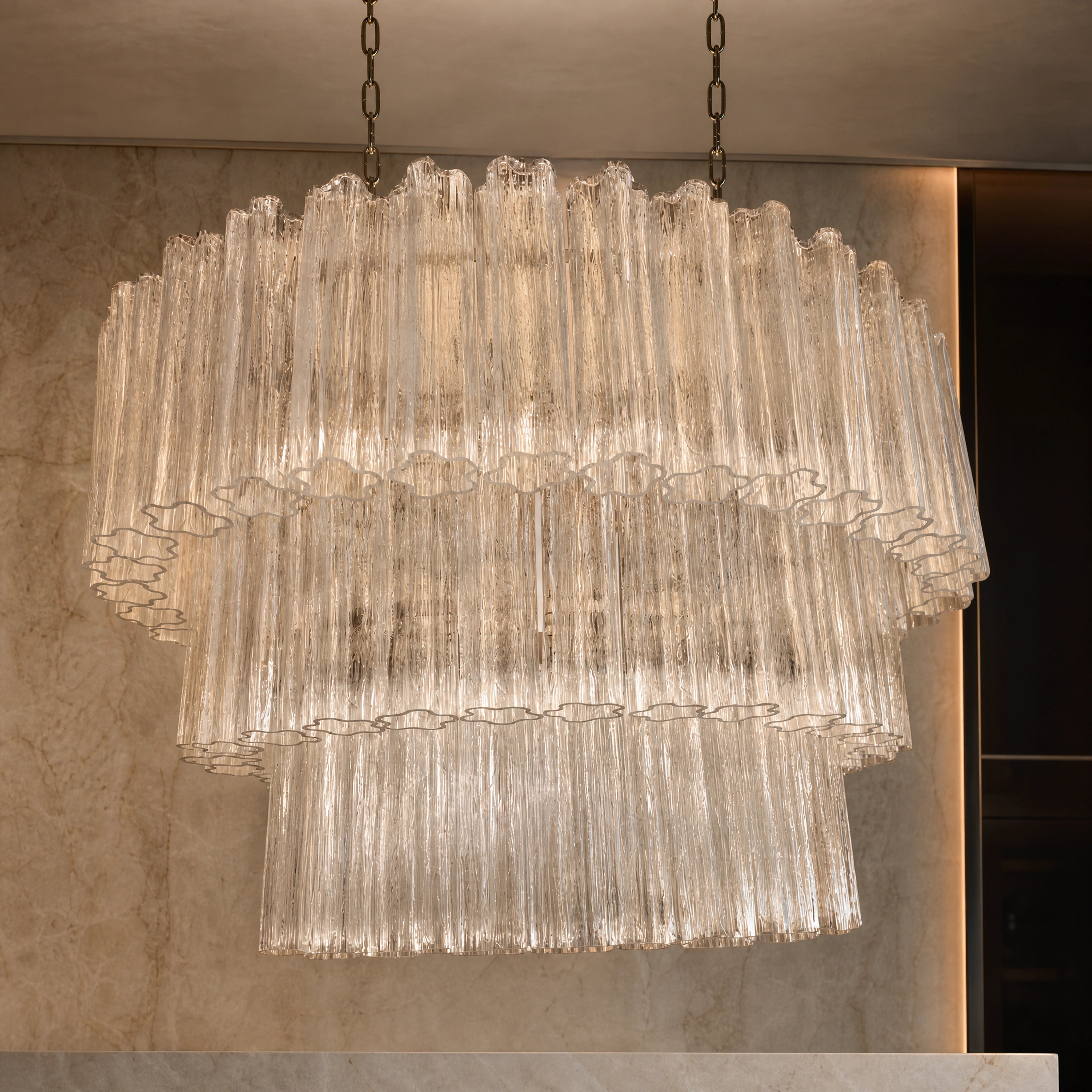 Perla Tronchi Murano Glass Rectangular Chandelier close-up luxury lifestyle hero image by VORELLI