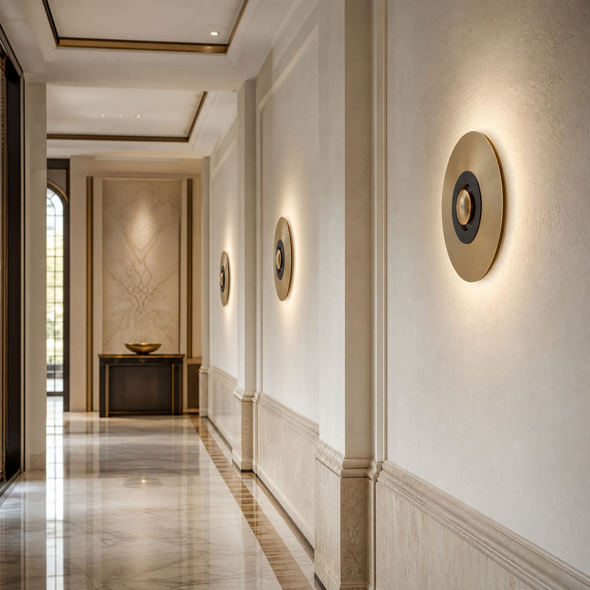 Modern VORELLI Piatto series decorative wall sconce illuminating an upscale hospitality hotel lobby interior.