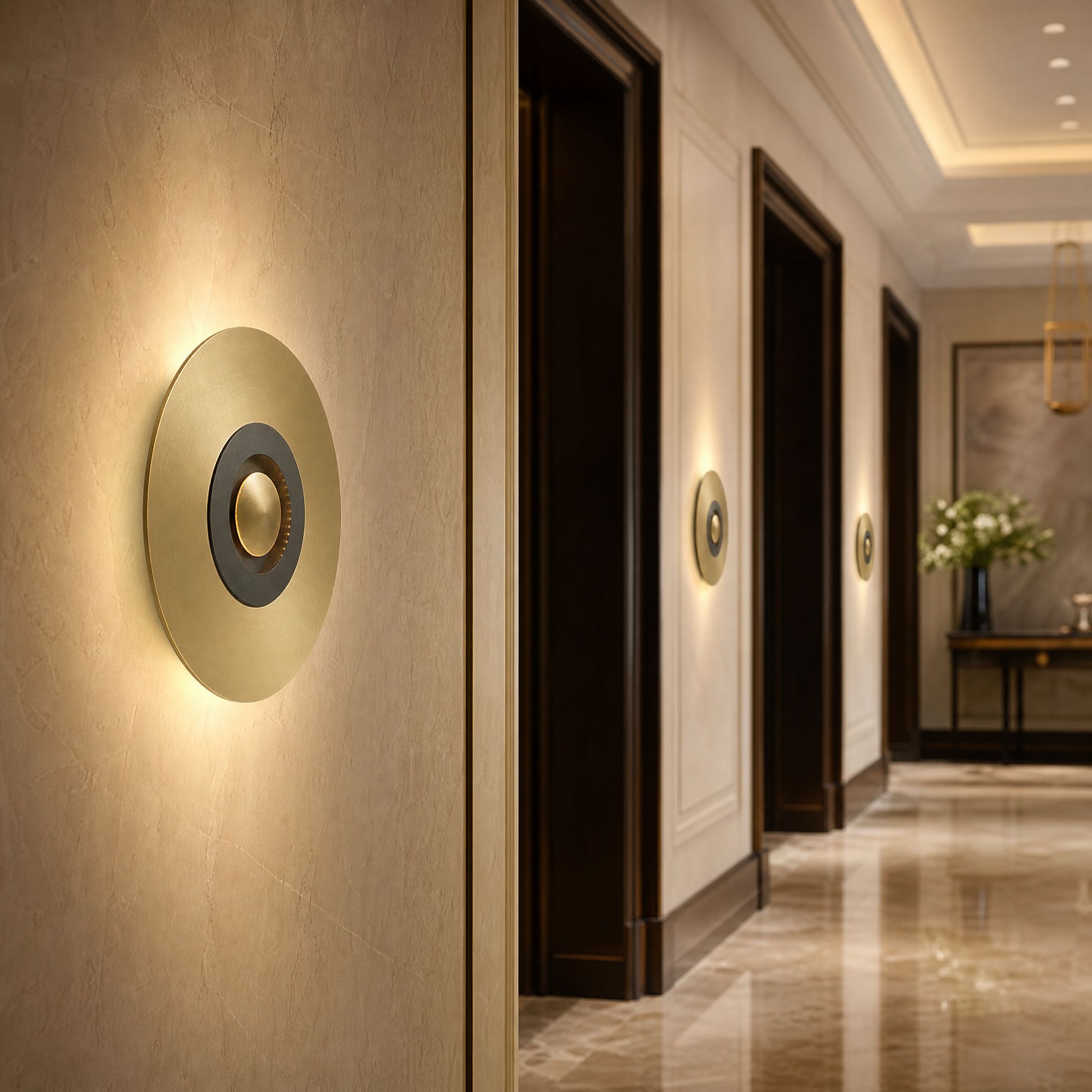 Piatto Series wall light by VORELLI enhancing an elegant hospitality lounge, providing balanced ambient illumination and modern presence.