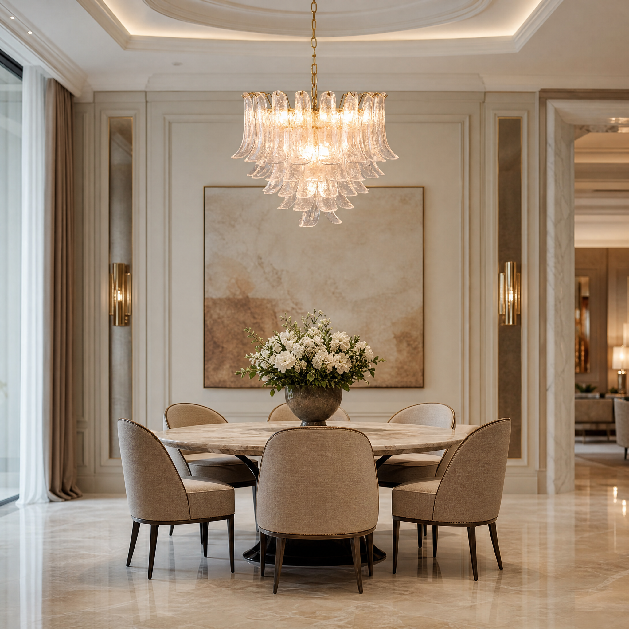 VORELLI Piccaro Circular Chandelier styled in a luxury master bedroom setting, highlighting the 70s-inspired glass tiers.
