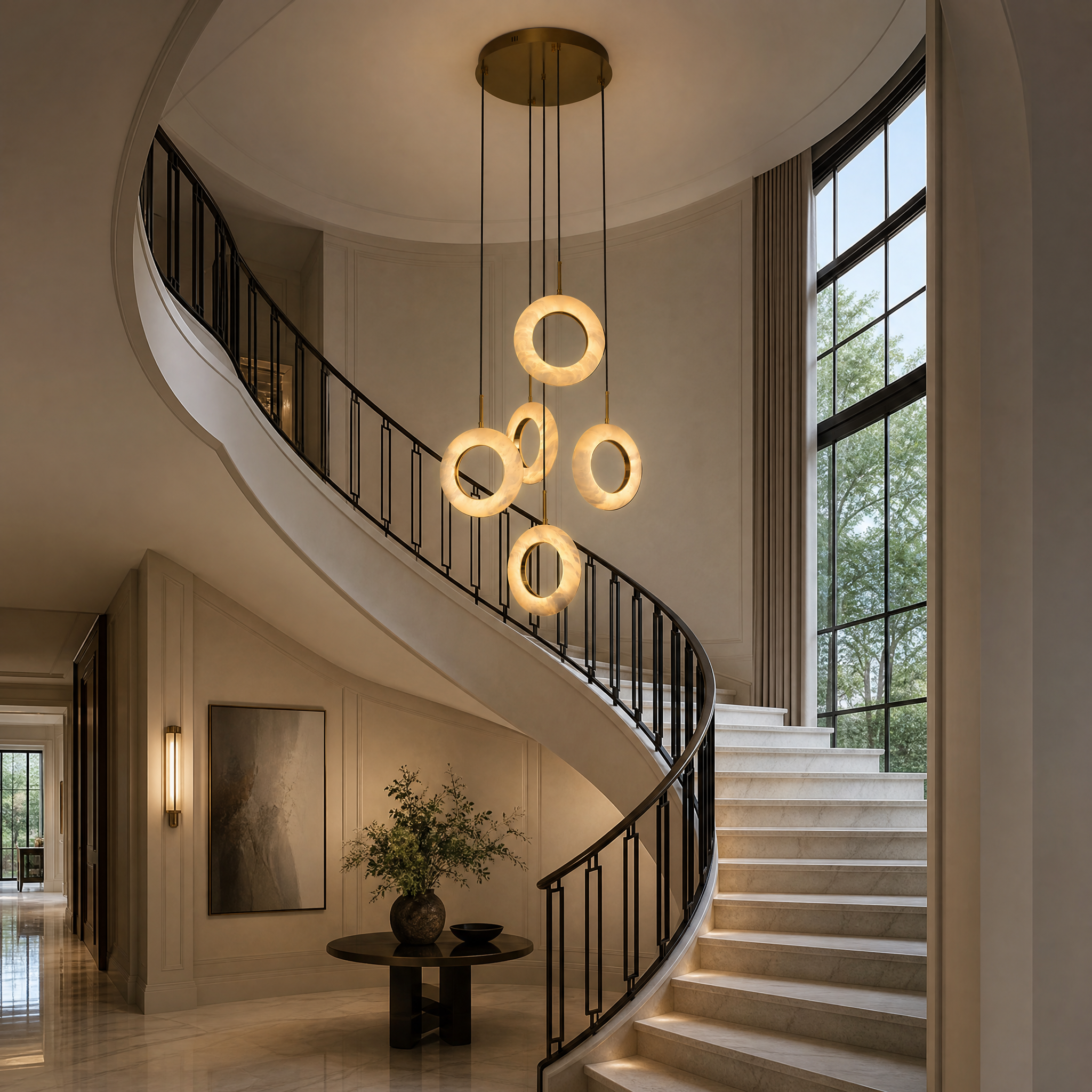 VORELLI Pietra pendant staircase chandelier with cascading marble rings illuminating a luxury residential double-height living room.