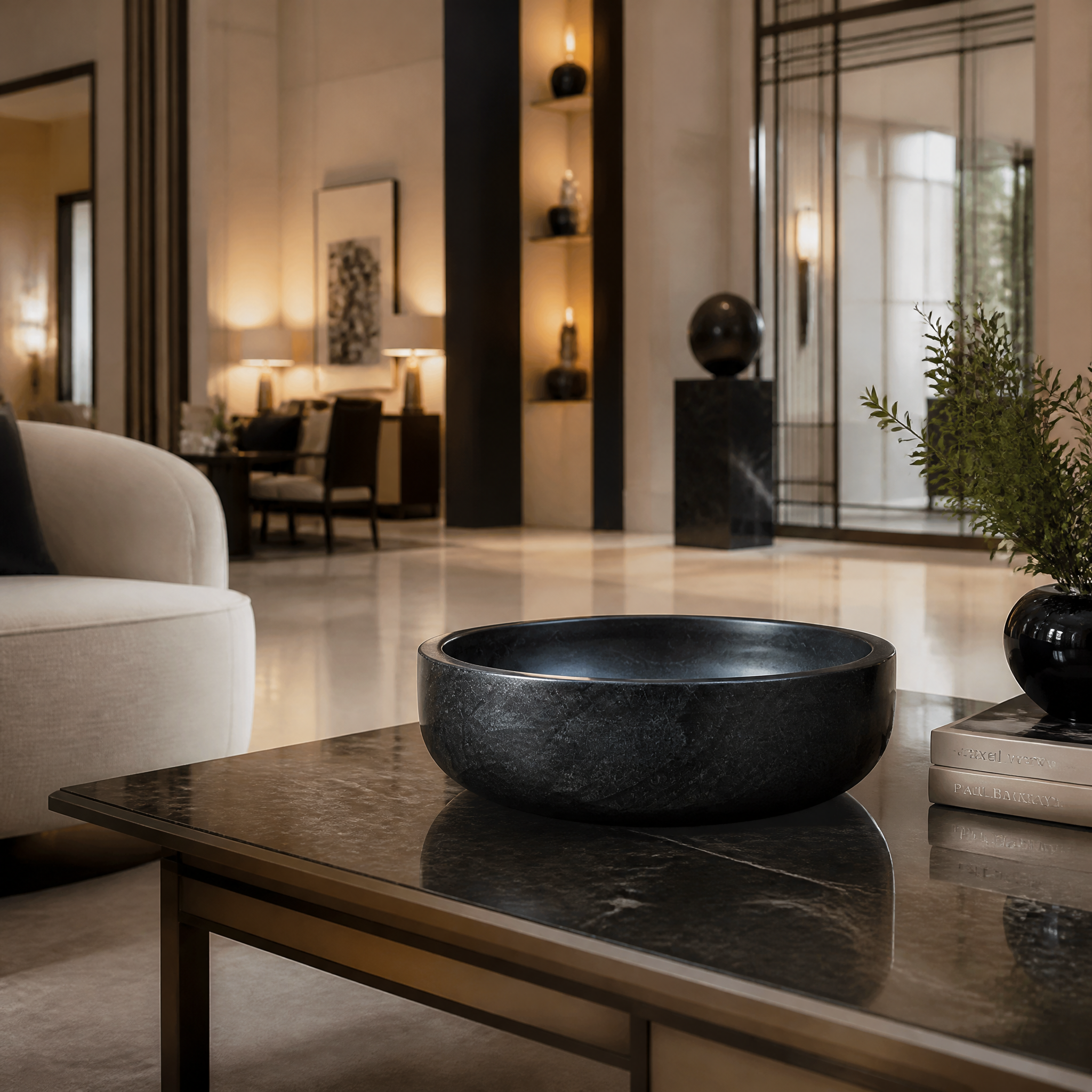 Polished Pietrina black marble decor bowl by VORELLI adding a refined presence to a luxury hotel lobby reception desk.