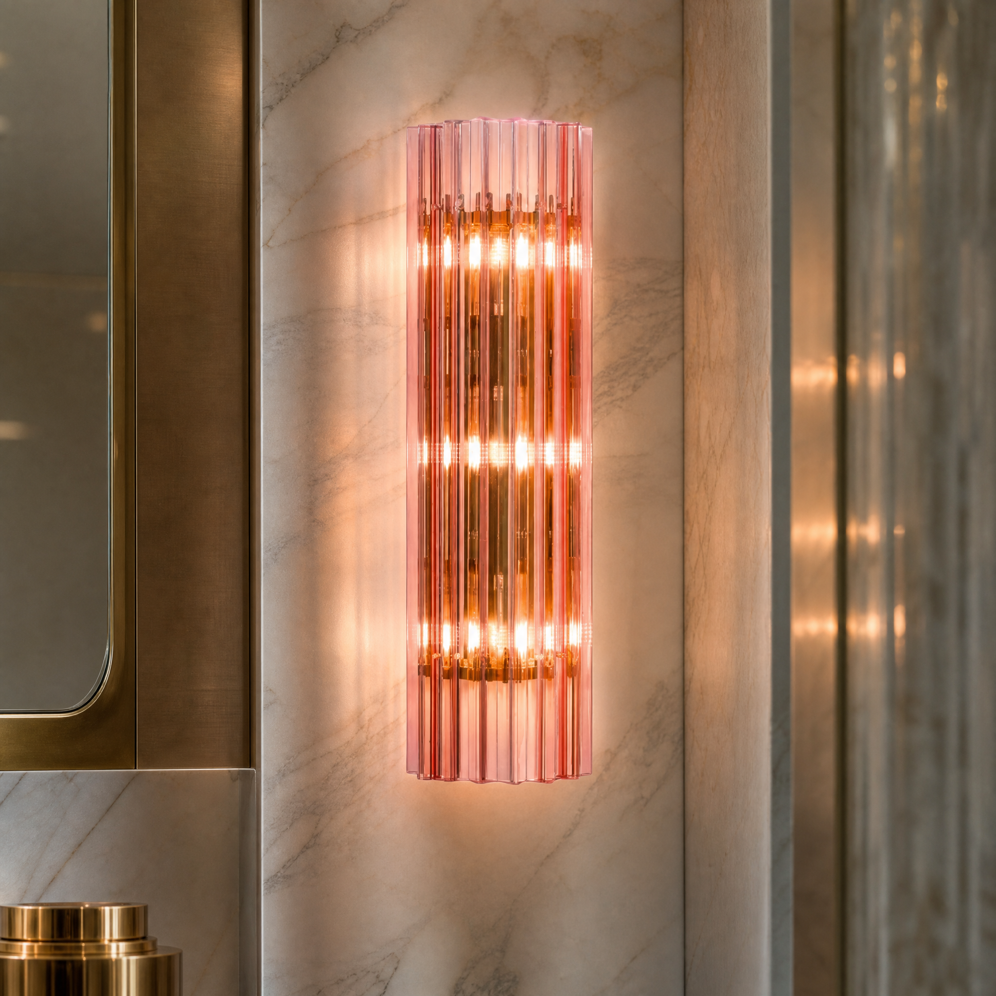Detailed closeup of the VORELLI Pink Amarino IP44 wall light showcasing individual handcrafted pink glass pieces and luxurious texture.