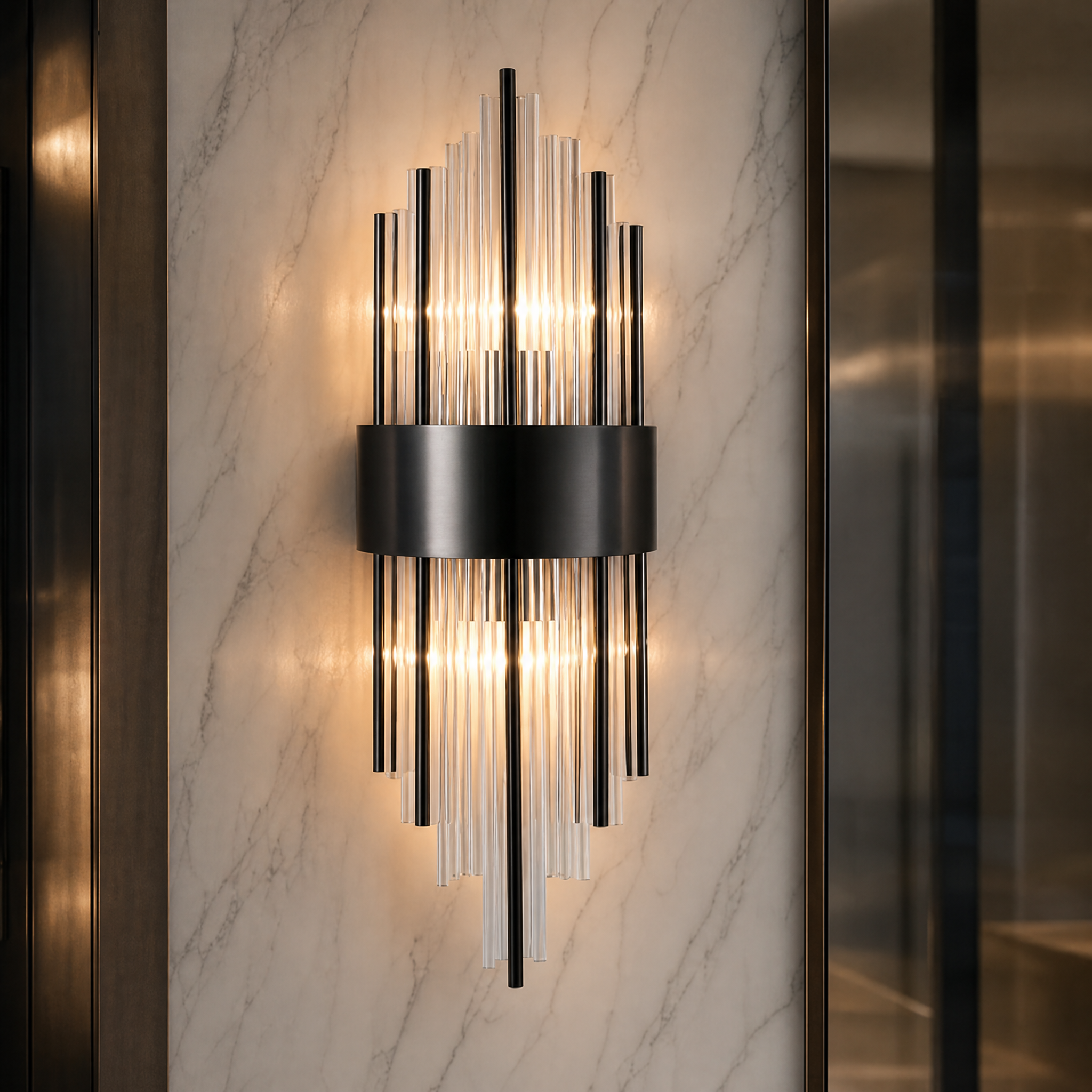 Close-up view of the Vorelli Piper Point Wall Light, highlighting the sleek stainless steel frame and the vertical frosted cylinder tubing.