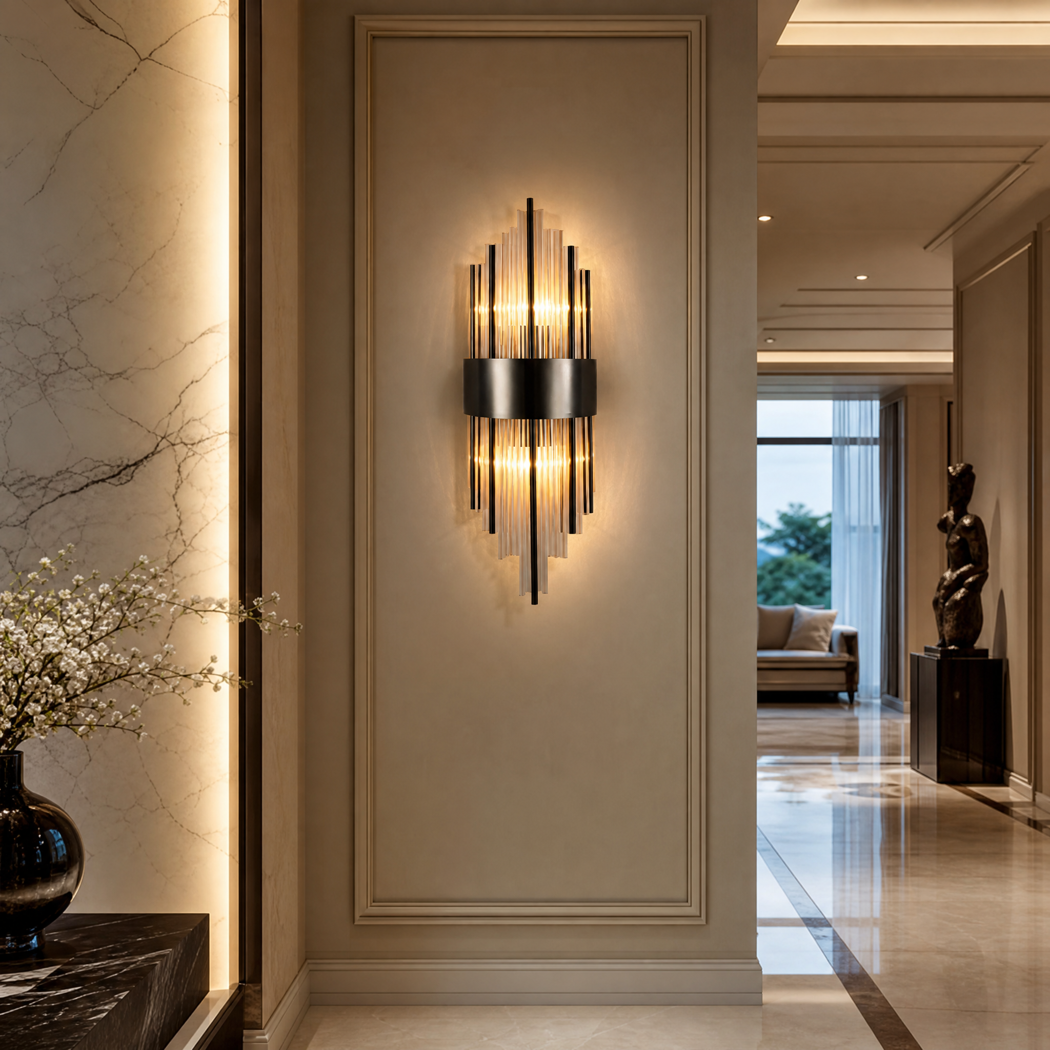 Vorelli Piper Point Wall Light illuminating a modern residential living room with its sleek stainless steel frame and vertical cylinder tubing.