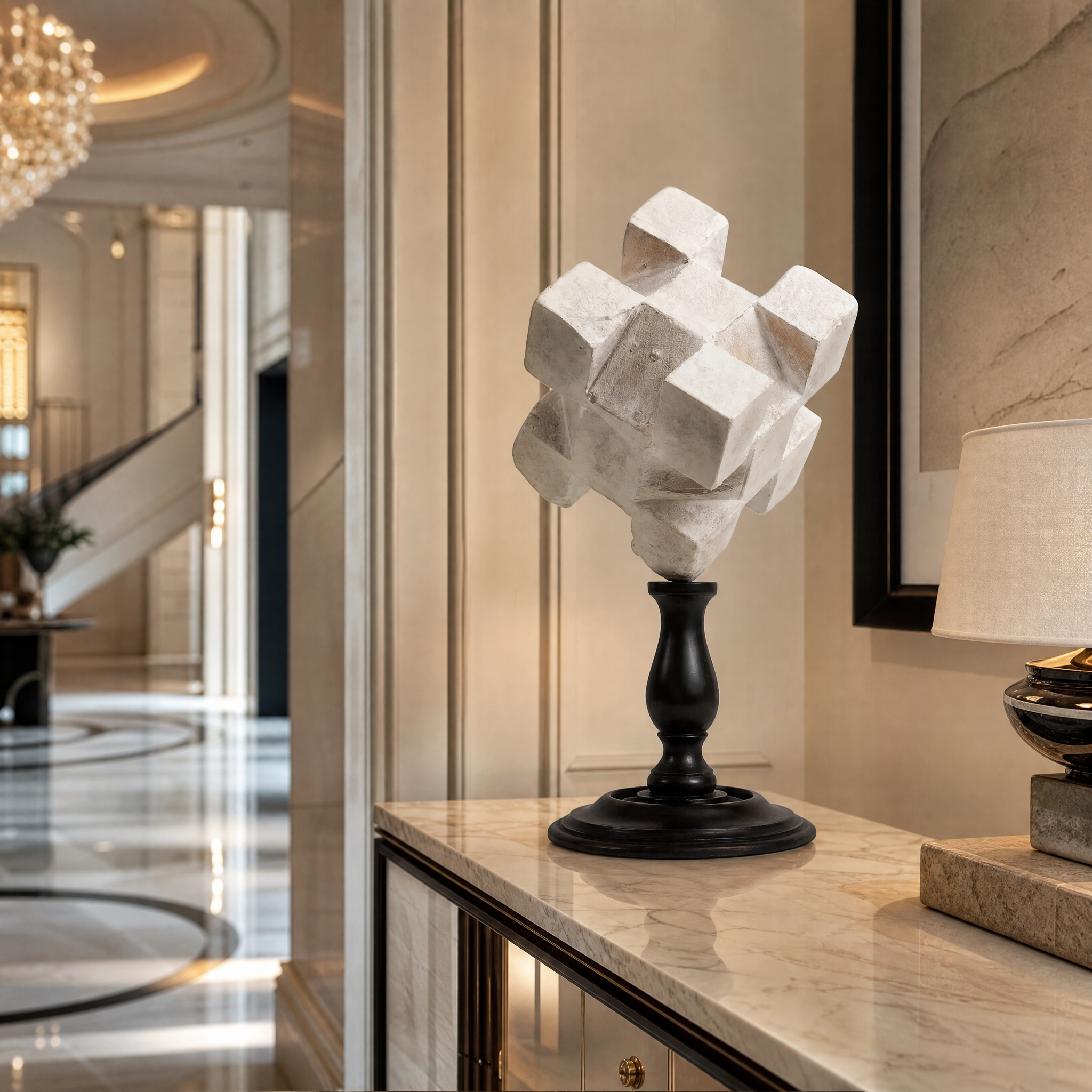 VORELLI Poliedro Decor geometric polyhedron sculpture styled on modern residential living room shelving.