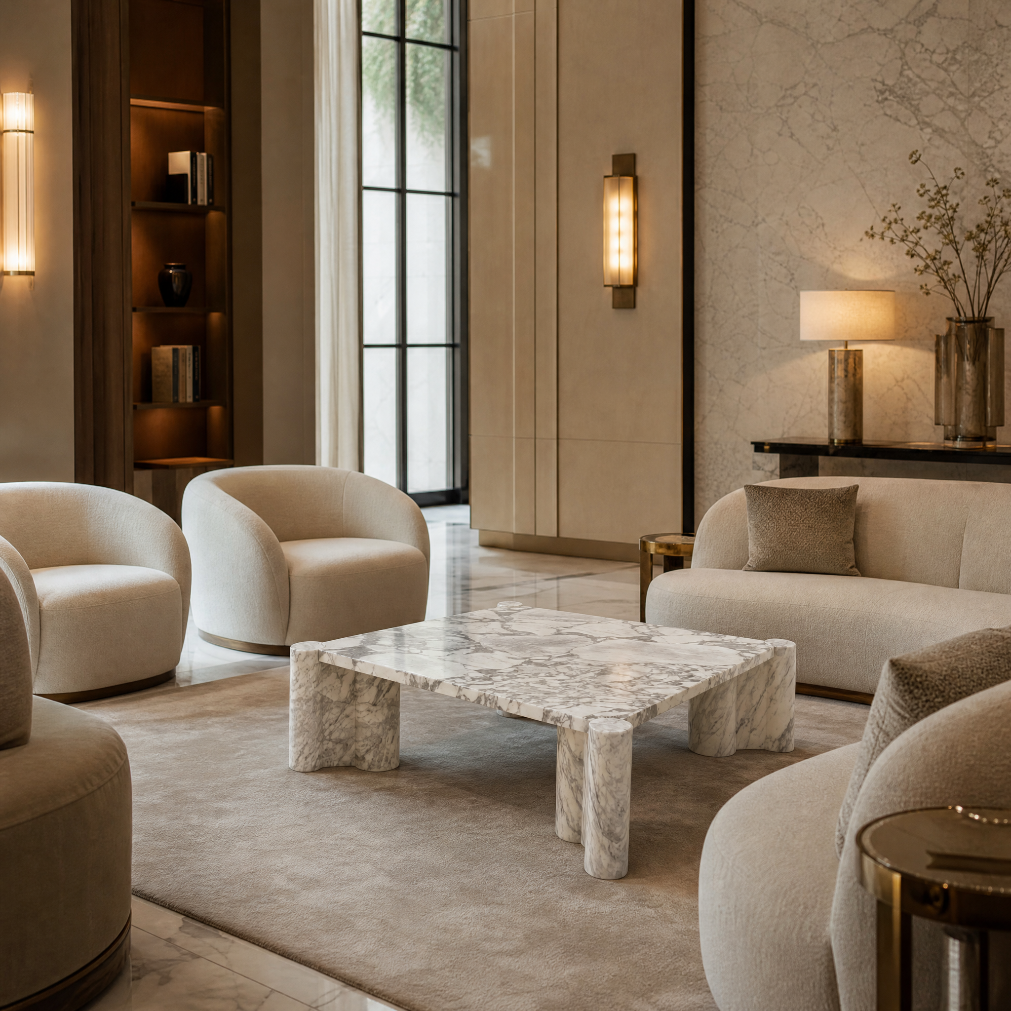 An elegant Arabescato marble square coffee table by VORELLI showcased in a high-end hospitality lounge or boutique hotel lobby.