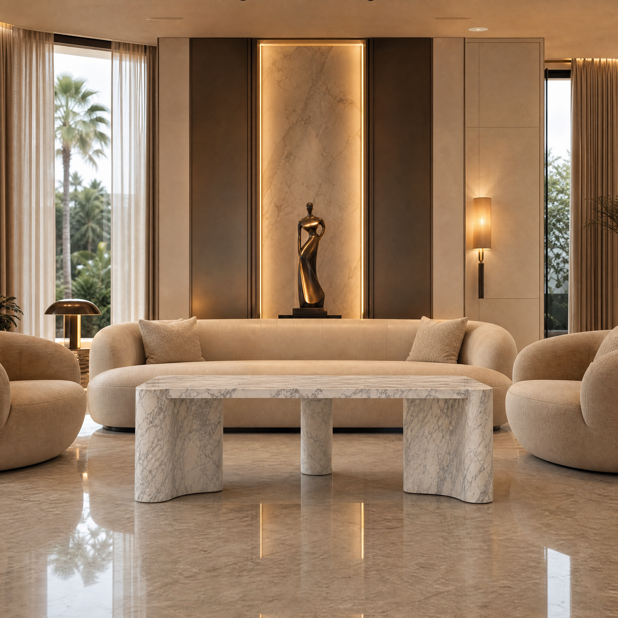 VORELLI Portorino rectangular coffee table in Arabescato marble styled inside a luxury residential living room.