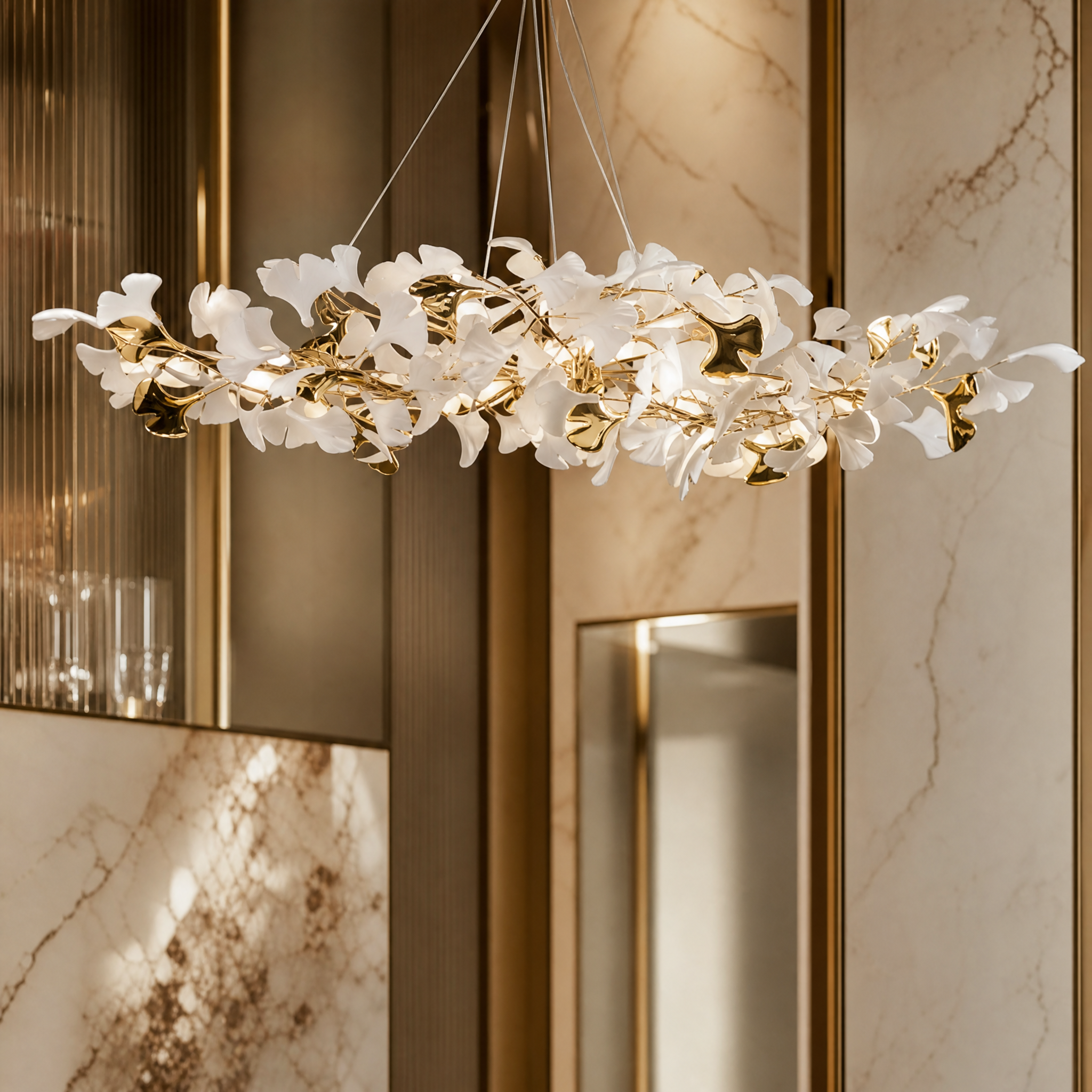 Close-up detail of the VORELLI Prano chandelier highlighting the intricate, sculptural ceramic leaves layered on the elegant linear frame.