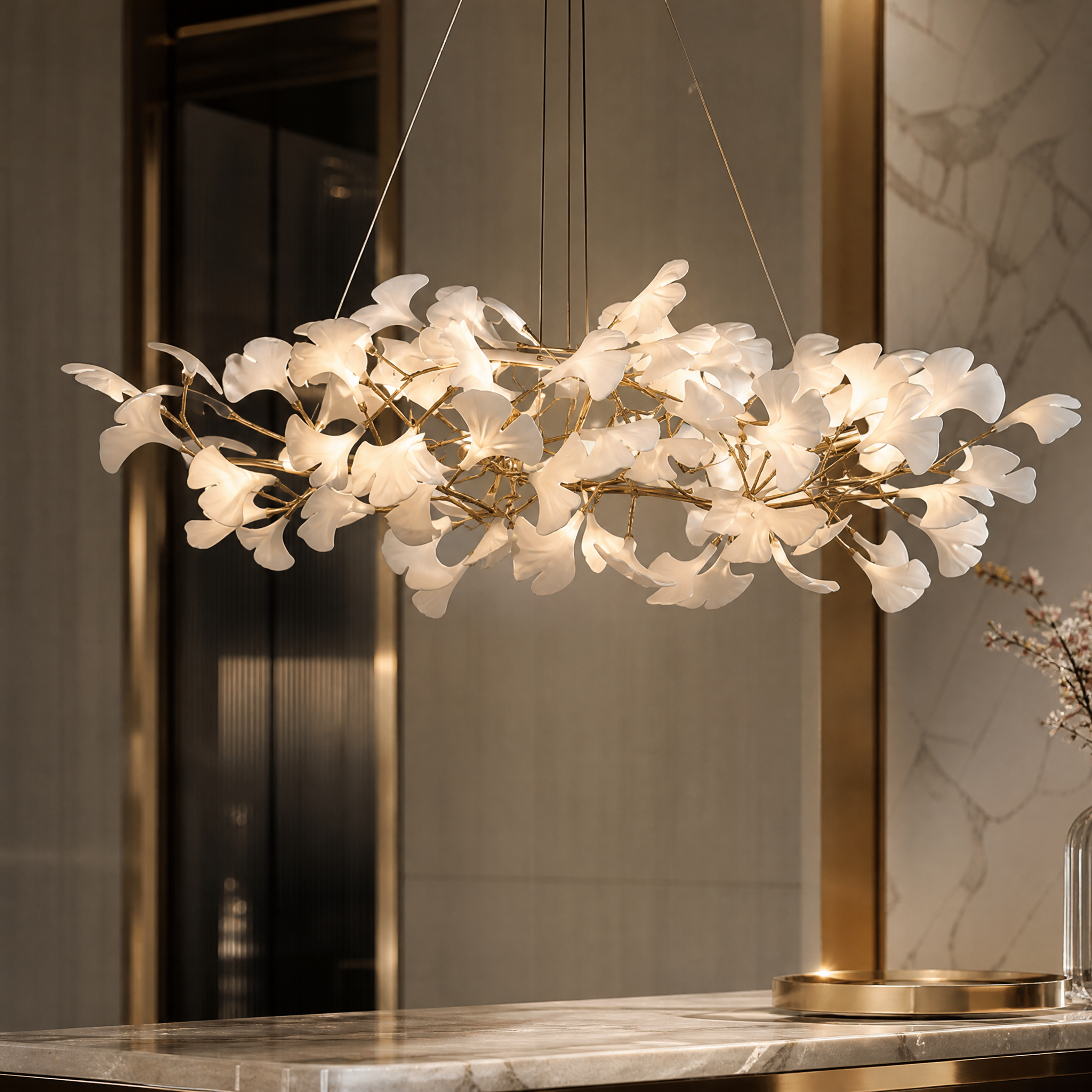 Macro shot of the VORELLI Prano Rectangular Chandelier III, highlighting the intricate craftsmanship of the flowing ceramic leaves and refined metalwork.