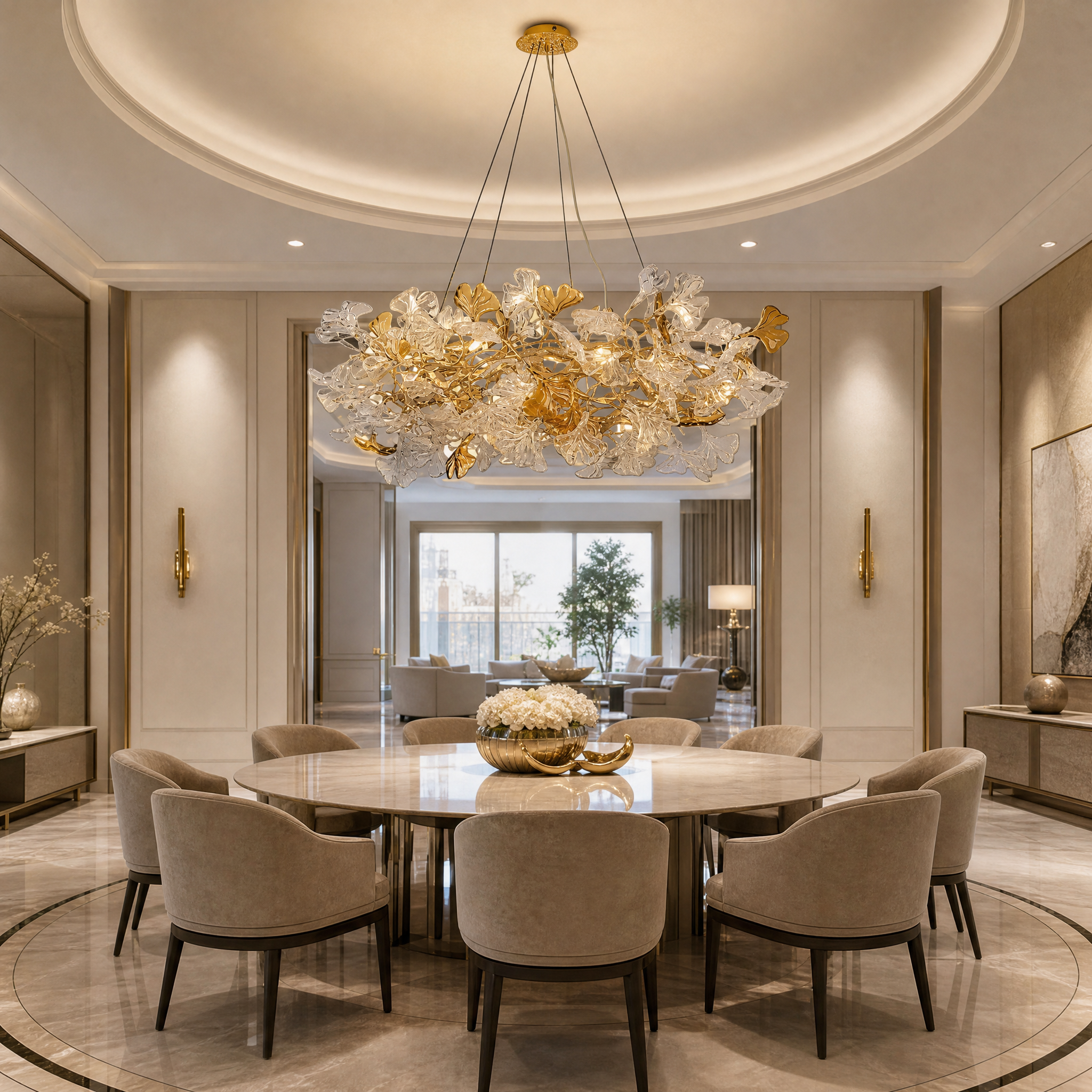 VORELLI Prano circular glass leaf chandelier illuminating a luxury residential dining room table