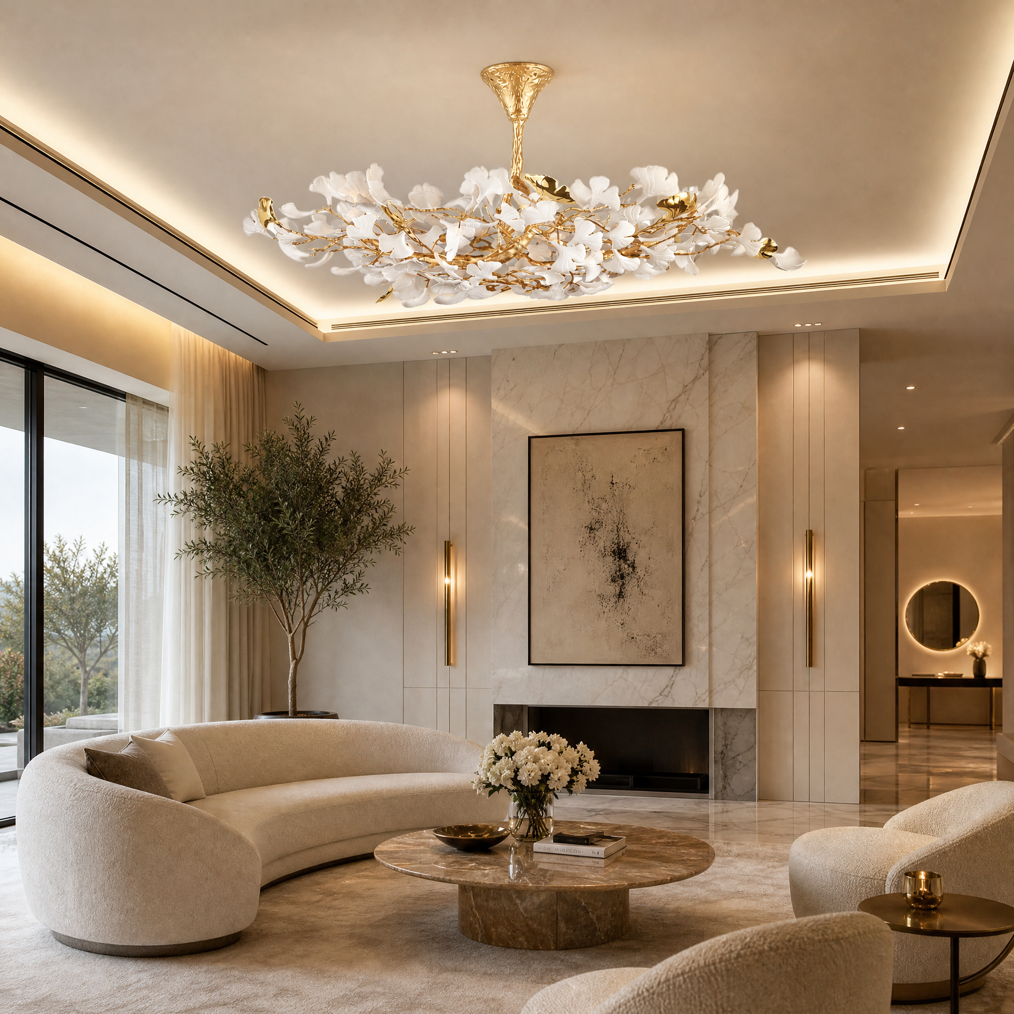 The VORELLI Prano sculptural ceiling light installed in a contemporary luxury residential living room, casting a warm ambient glow over upscale modern furnishings.