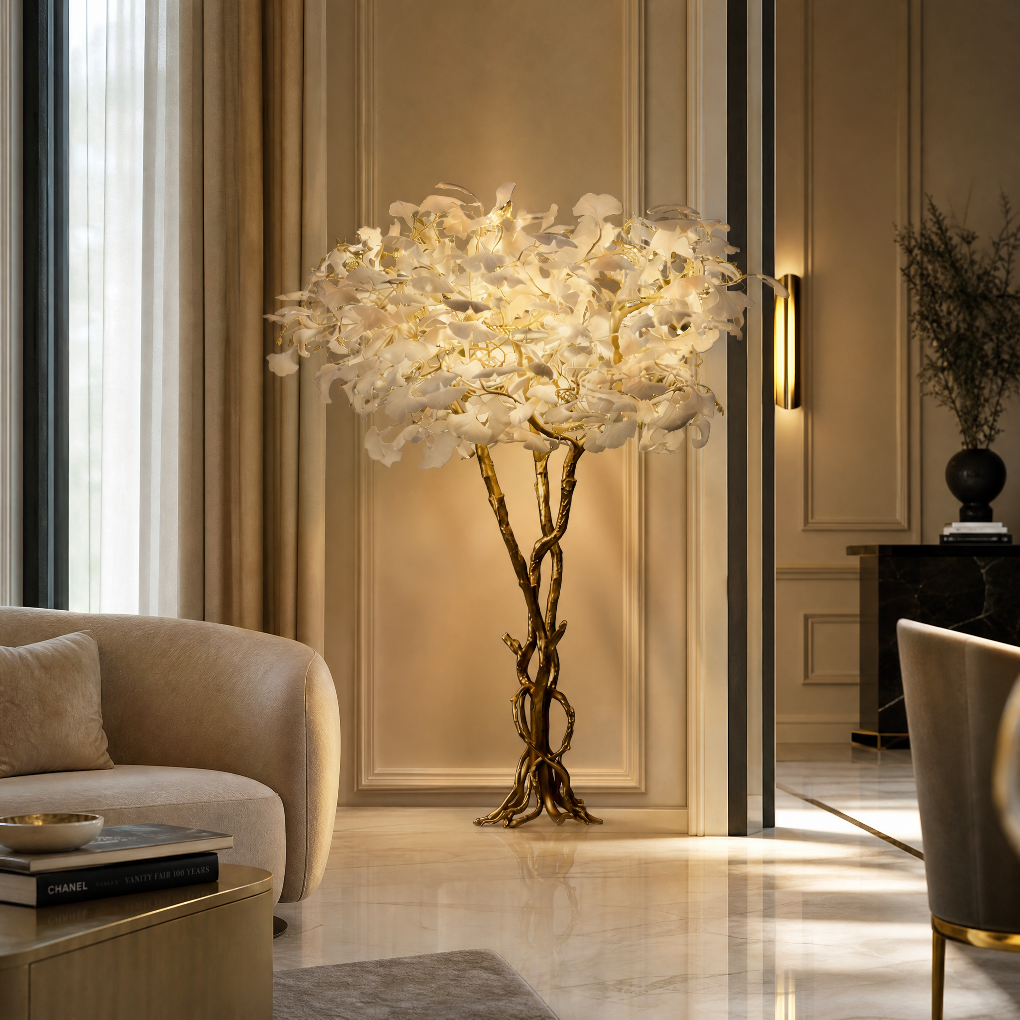 The VORELLI Prano floor lamp casting a warm, ambient glow in a contemporary luxury residential living room setting.