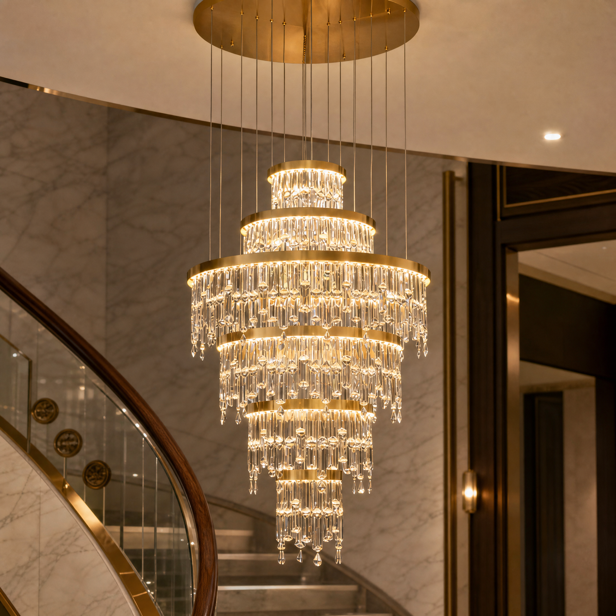 Detailed closeup of the VORELLI Prazzo staircase chandelier highlighting the precision diamond-cut rectangle crystals and refined sophistication of the rings.
