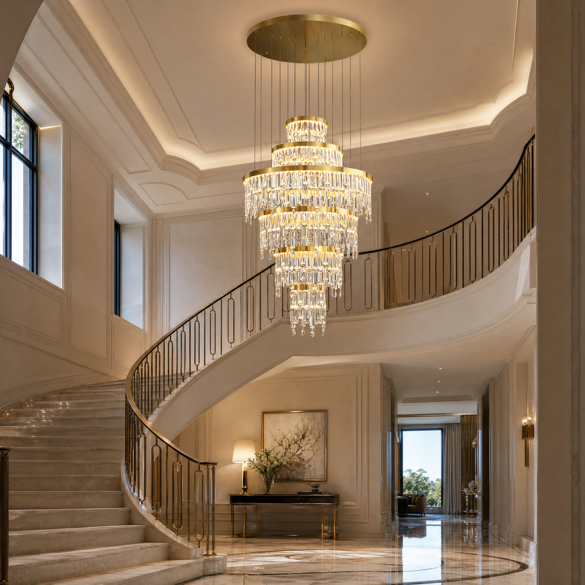 VORELLI Prazzo multi-ring staircase chandelier with cascading diamond-cut rectangle crystals illuminating a luxury residential double-height foyer.