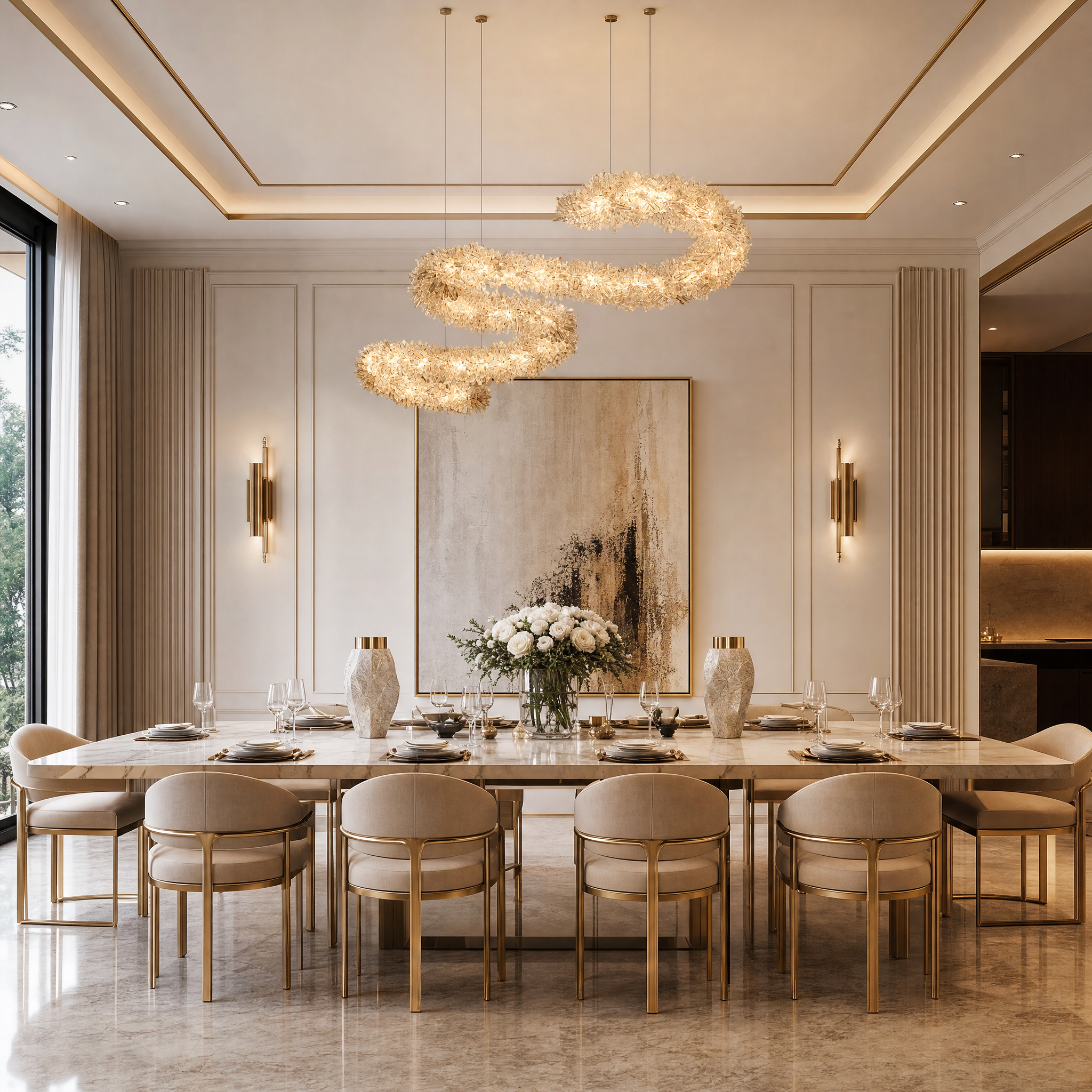 VORELLI Quartz Arc Rectangular Chandelier installed above a modern dining table in a luxury residential dining room.