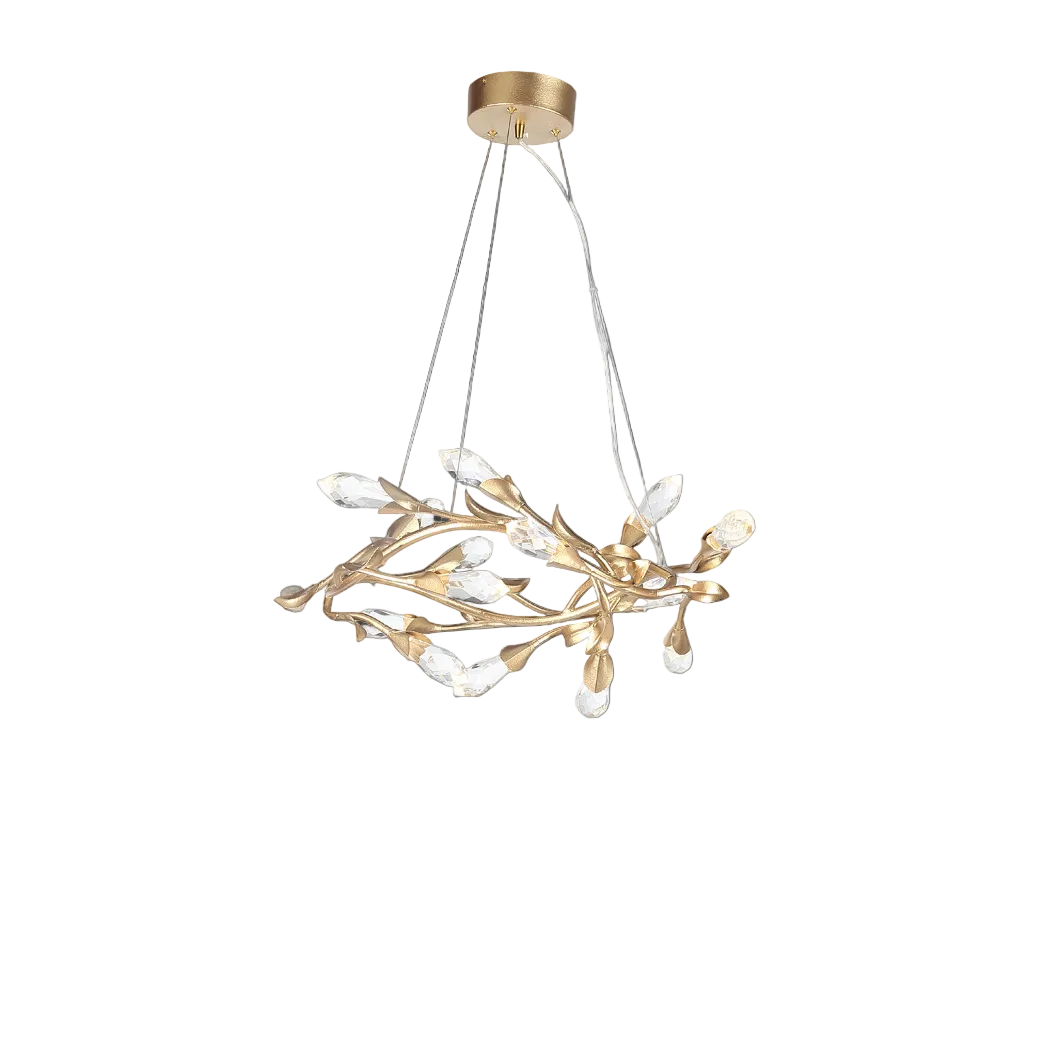 Ramozza circular chandelier with sculptural gold branches and crystal accents in luxury interior