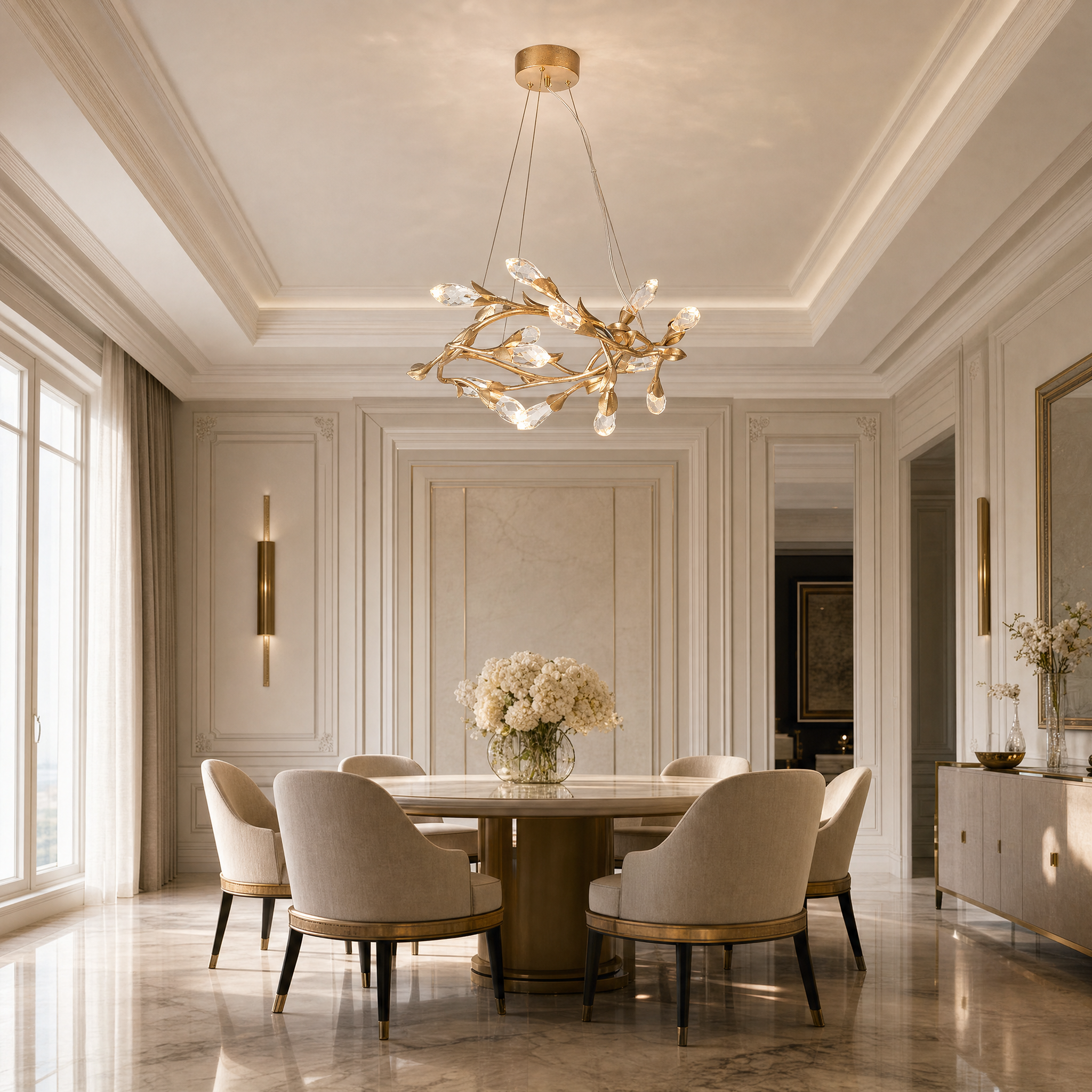 VORELLI Ramozza circular crystal chandelier illuminating a luxury residential dining room with an elegant, warm glow.