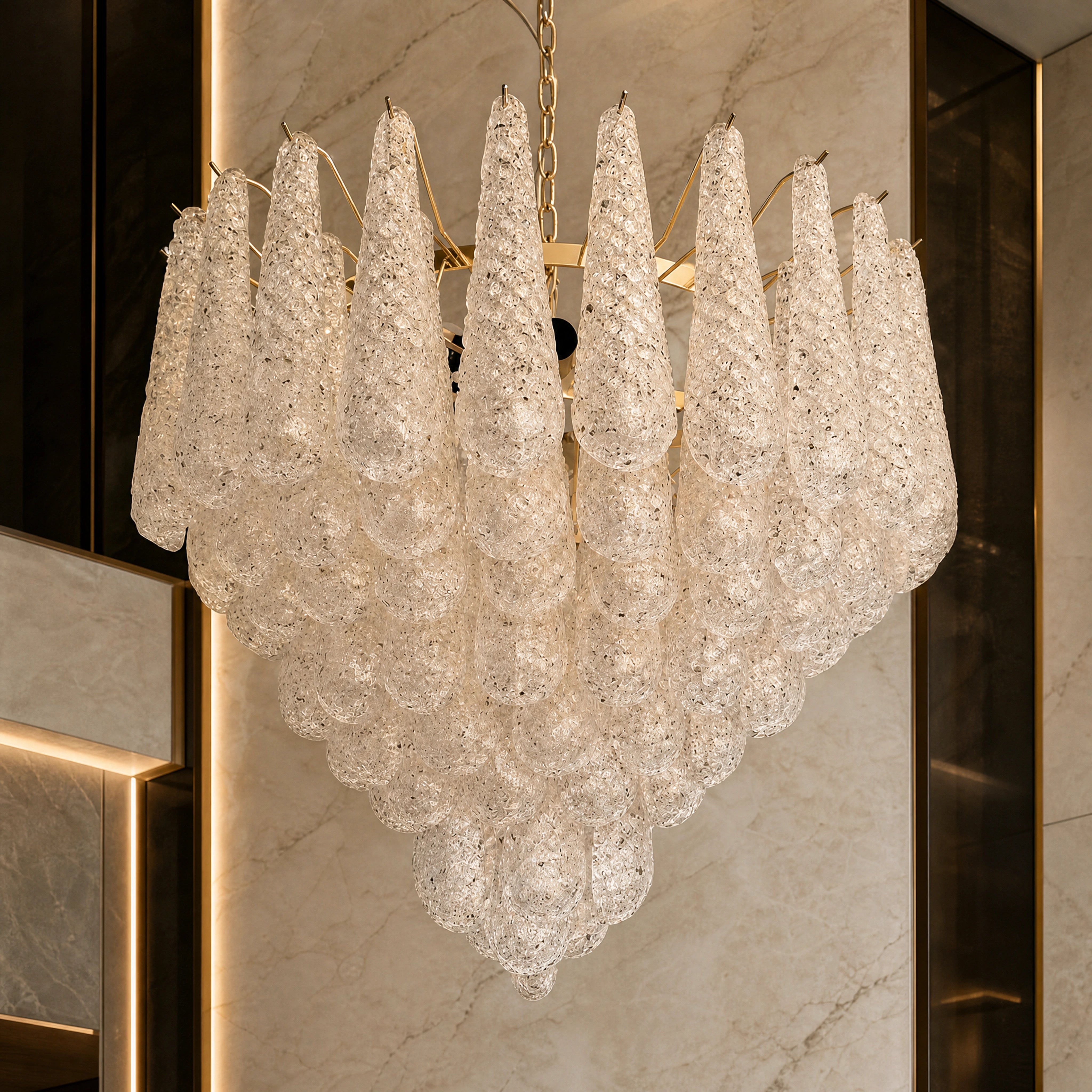 Rapallo Conchiglie Murano Shell Glass Staircase Chandelier close-up luxury lifestyle hero image by VORELLI