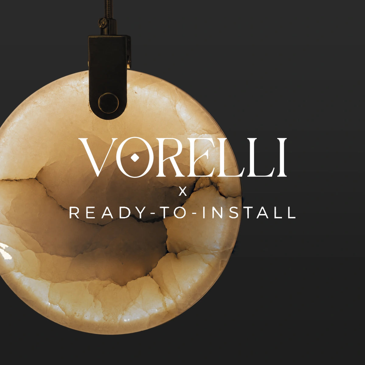 VORELLI® x Ready-to-Install lighting collection — illuminated stone-disc pendant.