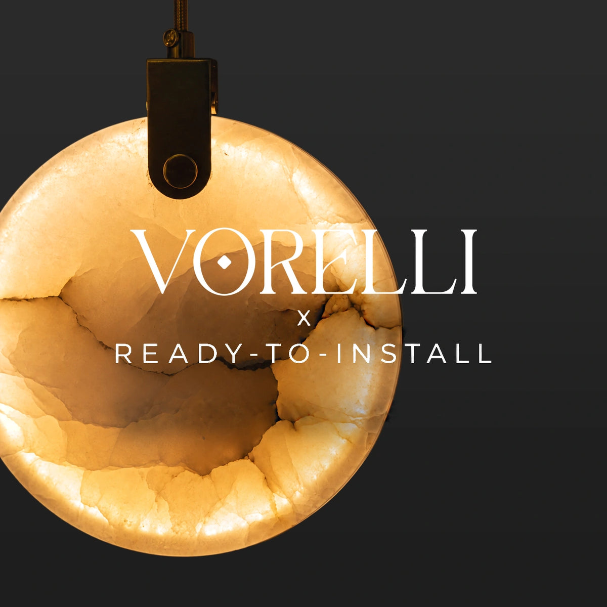 VORELLI® x Ready-to-Install lighting collection — illuminated stone-disc pendant.