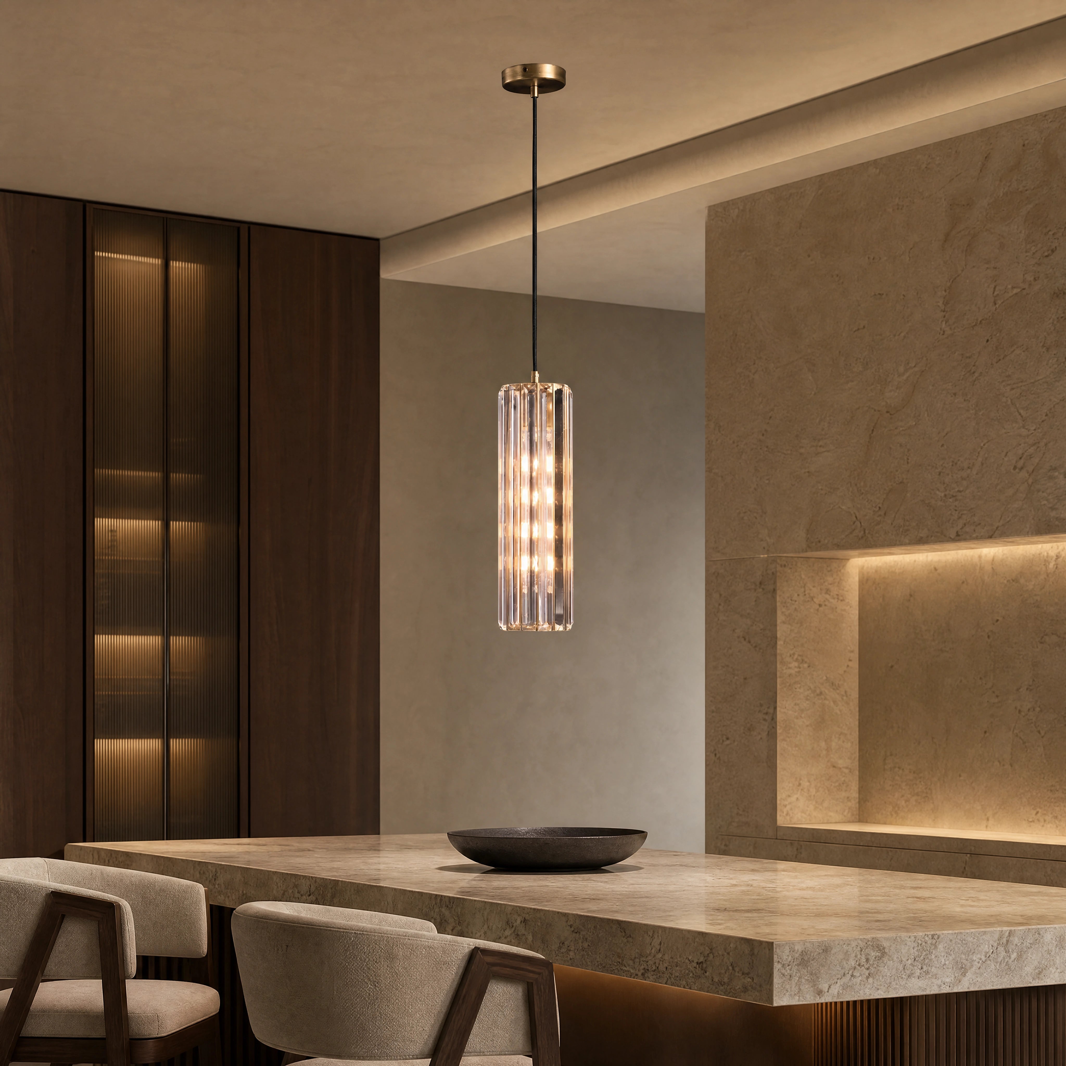 Regano Brushed Bronze Crystal Single Pendant UHNW private residence luxury lifestyle image by VORELLI