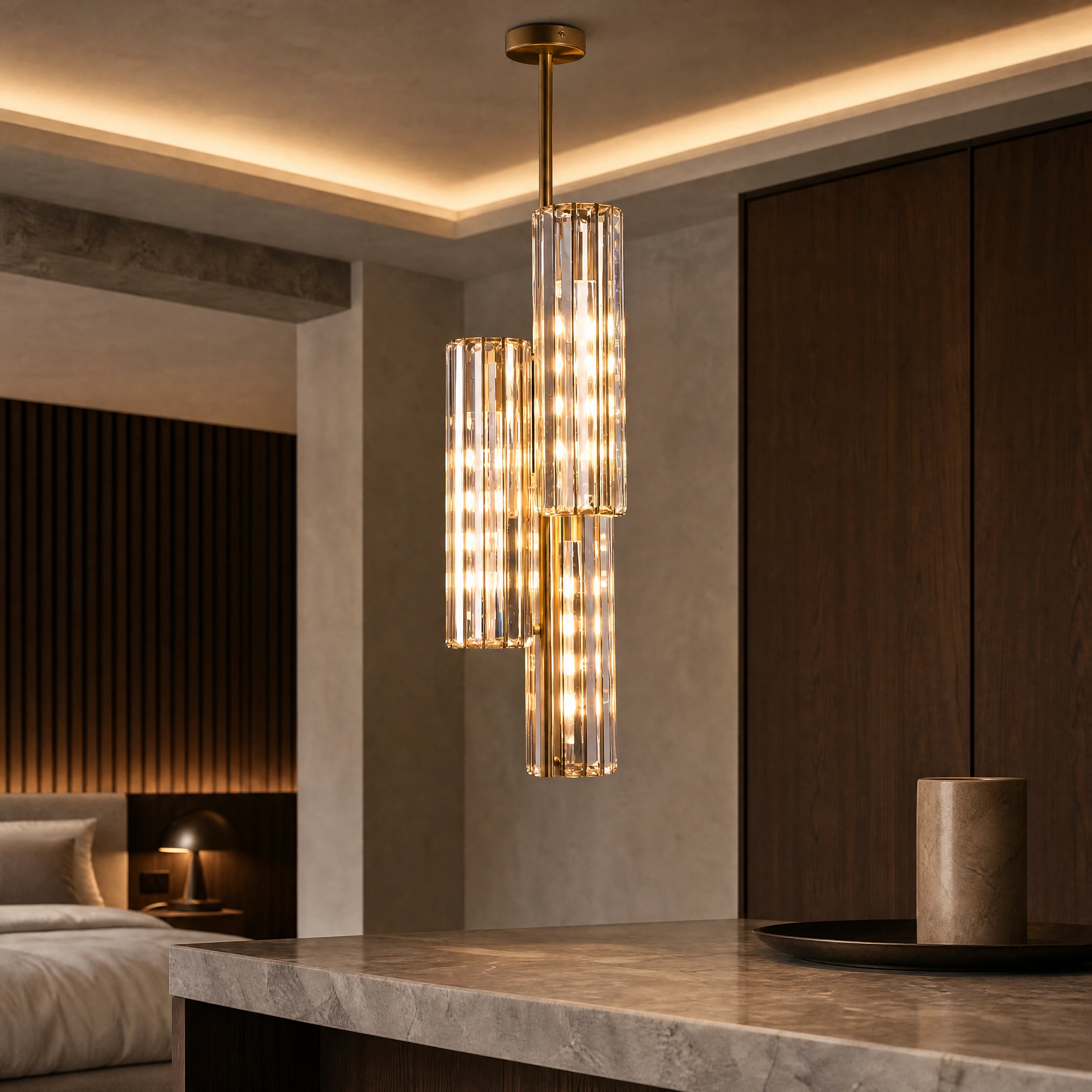 Regano Triple Bronze Crystal Pendant close-up luxury lifestyle hero image by VORELLI