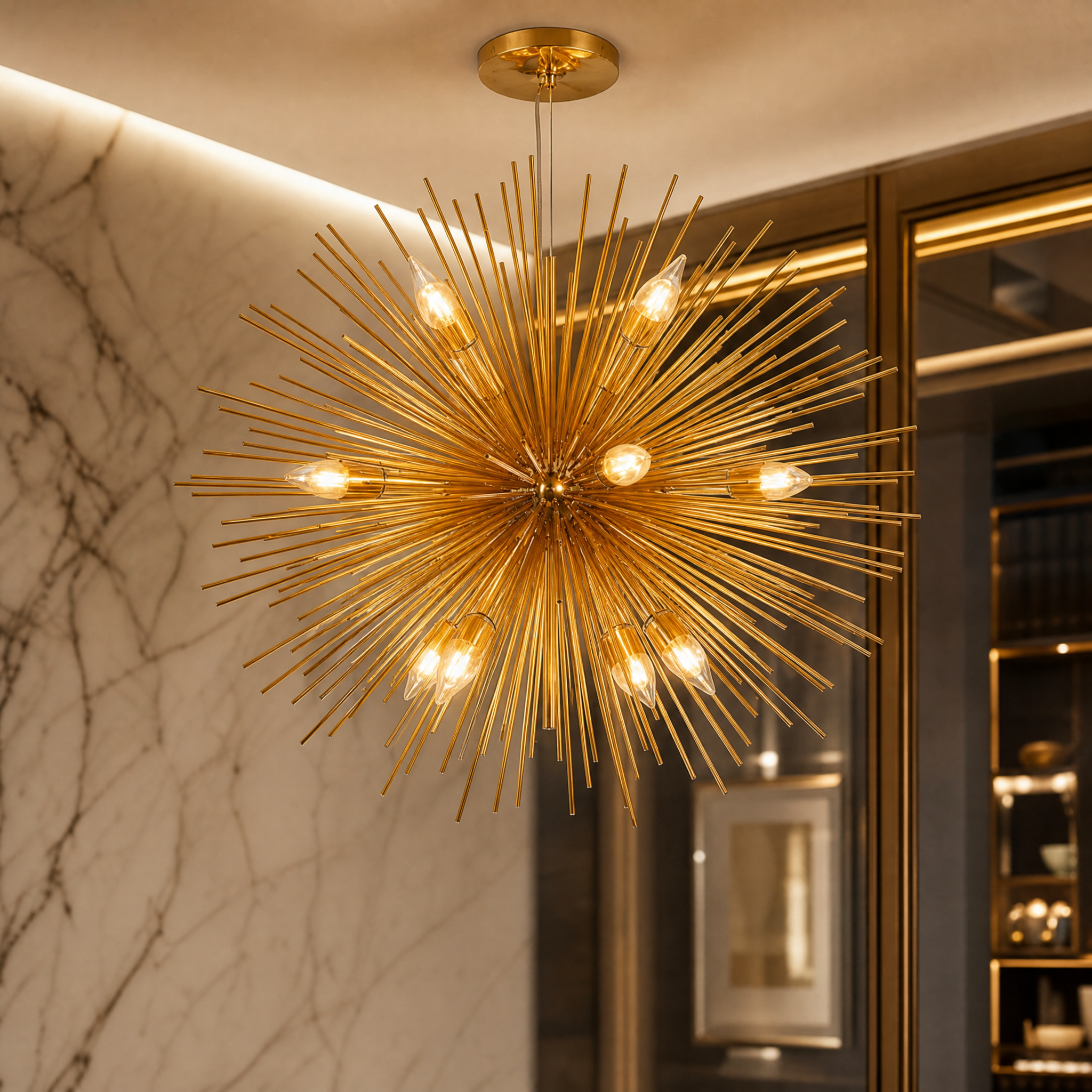 A detailed closeup of the VORELLI Riccio pendant's distinctive spiky sphere design, highlighting the fine artistry and creative structure.