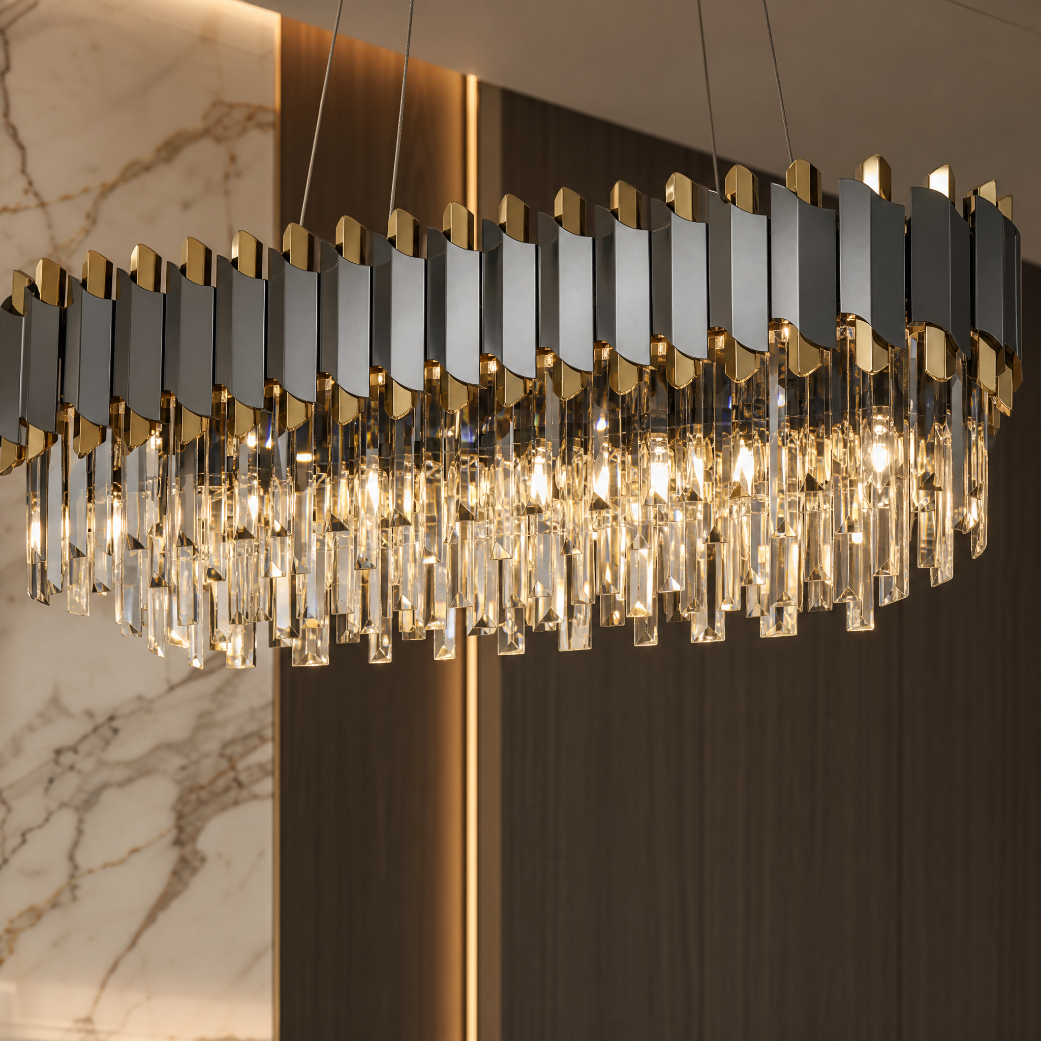 Macro close-up detailing the high-quality crystal bars and sophisticated modern classical frame of the VORELLI Richmond rectangular chandelier.