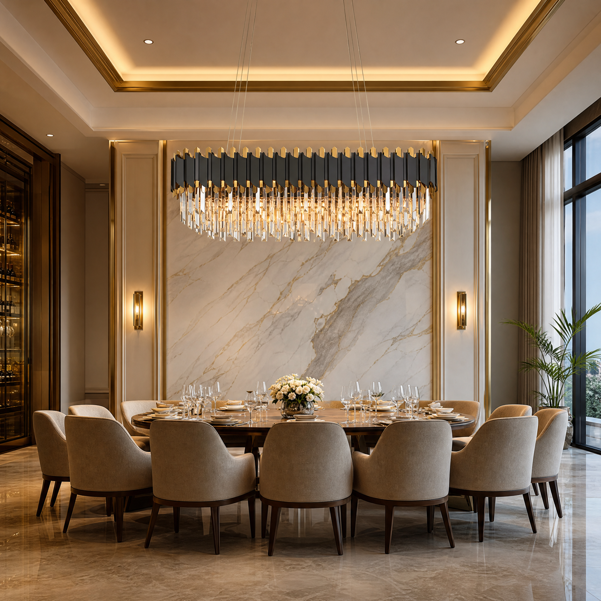 Upscale hospitality interior featuring the VORELLI Richmond rectangular chandelier with sleek crystal bars hanging in a grand hotel lobby.