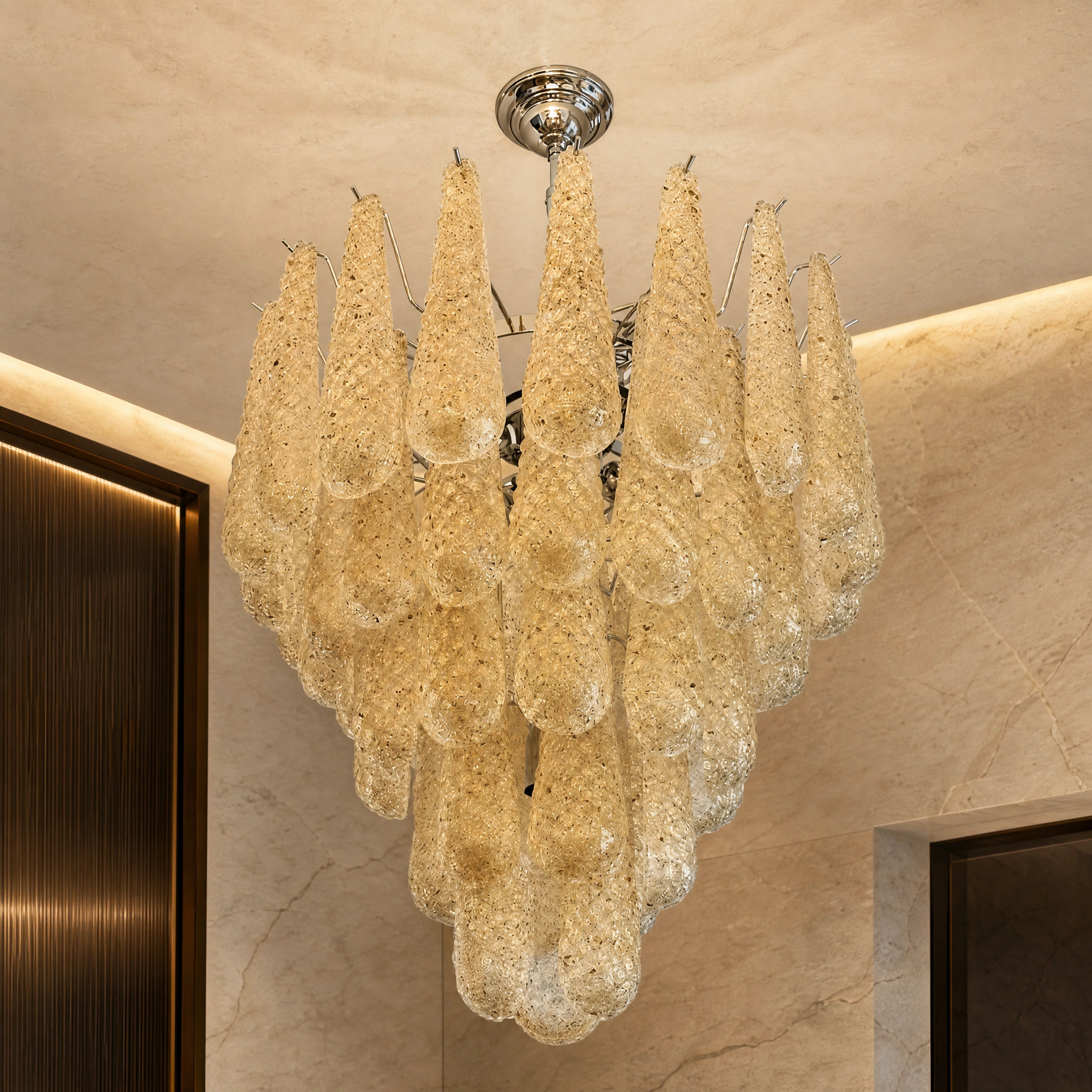 Rimini Conchiglie Murano Shell Glass Circular Chandelier close-up luxury lifestyle hero image by VORELLI