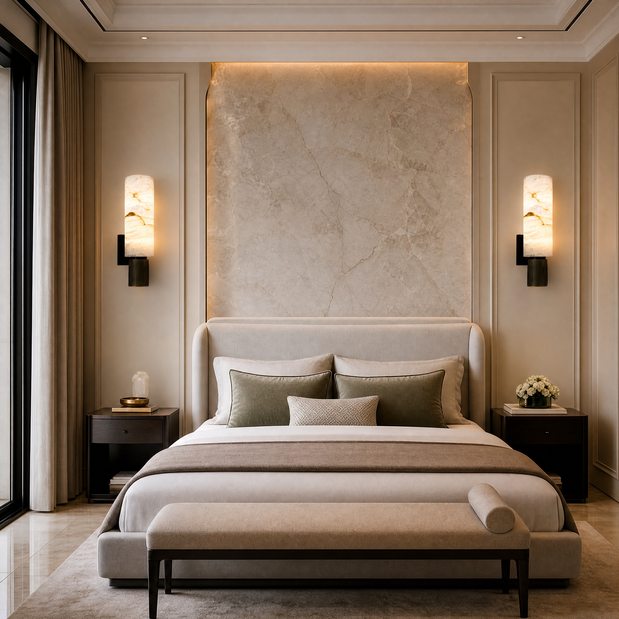 Modern residential living room featuring the luxury VORELLI Riviera Marble Wall Light mounted on a contemporary accent wall, casting a soft elegant glow.